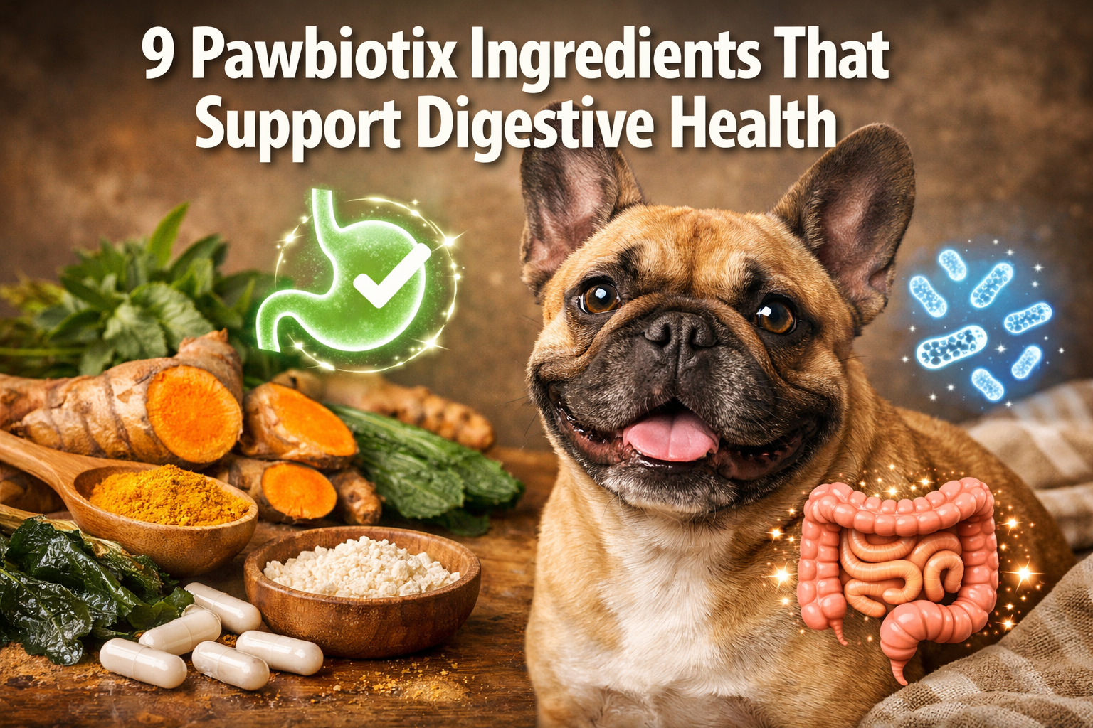 Professional landscape format (1536x1024) hero image featuring bold text overlay '9 Pawbiotix Ingredients That Support Digestive Health' in 