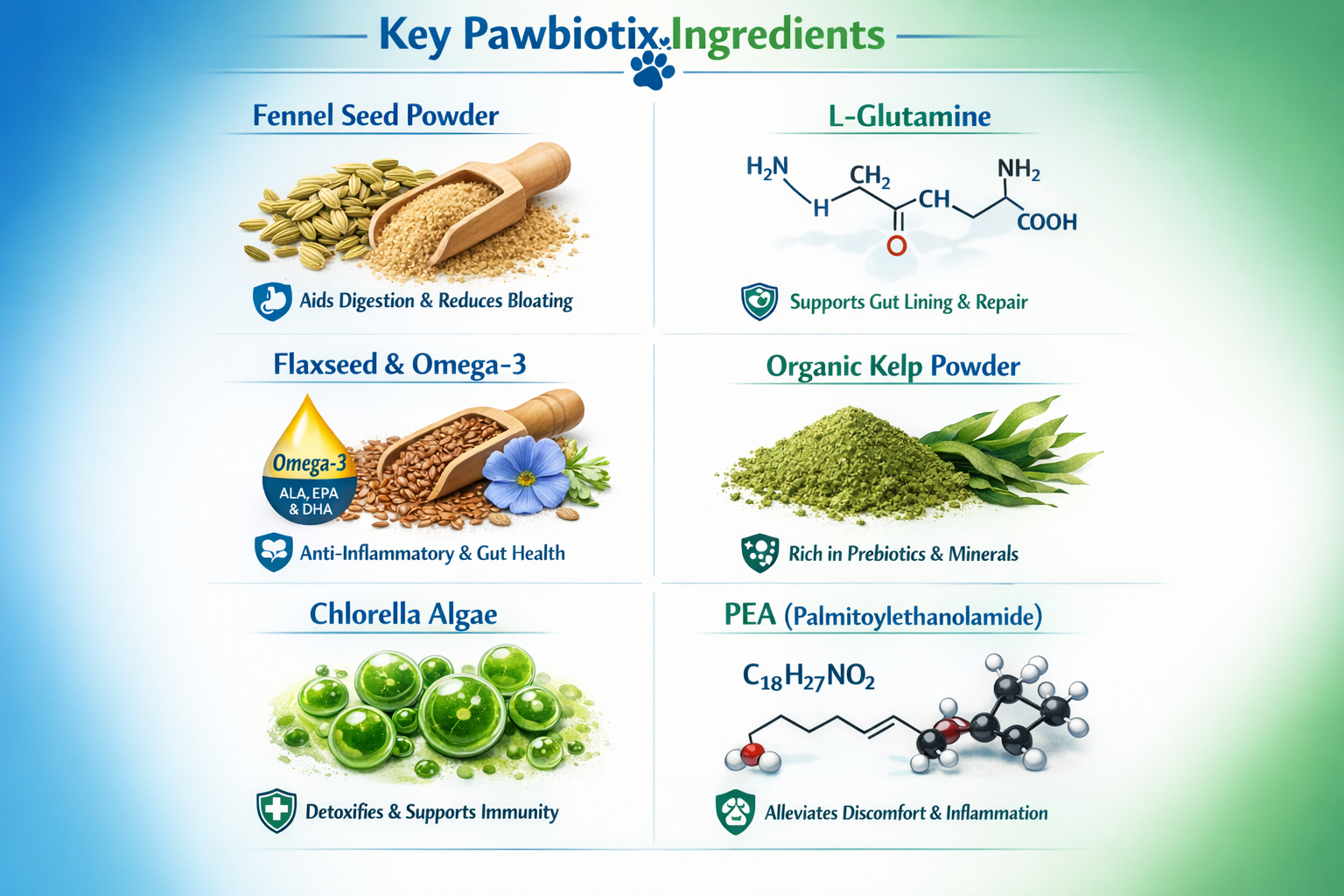 Portrait format (1024x1536) detailed ingredient breakdown chart displaying 6 key Pawbiotix components: fennel seed powder, L-glutamine molec