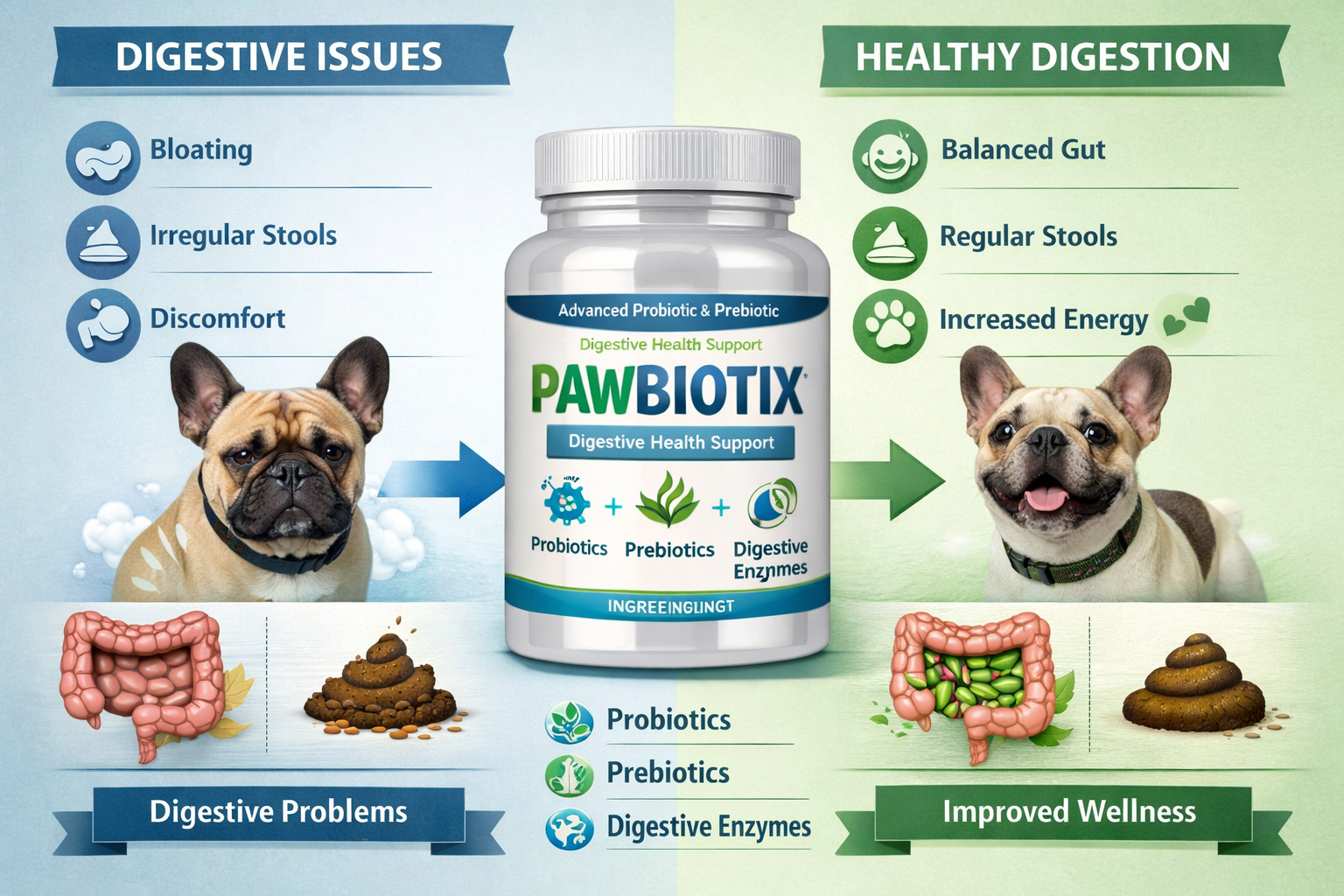Portrait format (1024x1536) before-and-after style comparison showing French Bulldog digestive health improvement timeline. Left side shows 