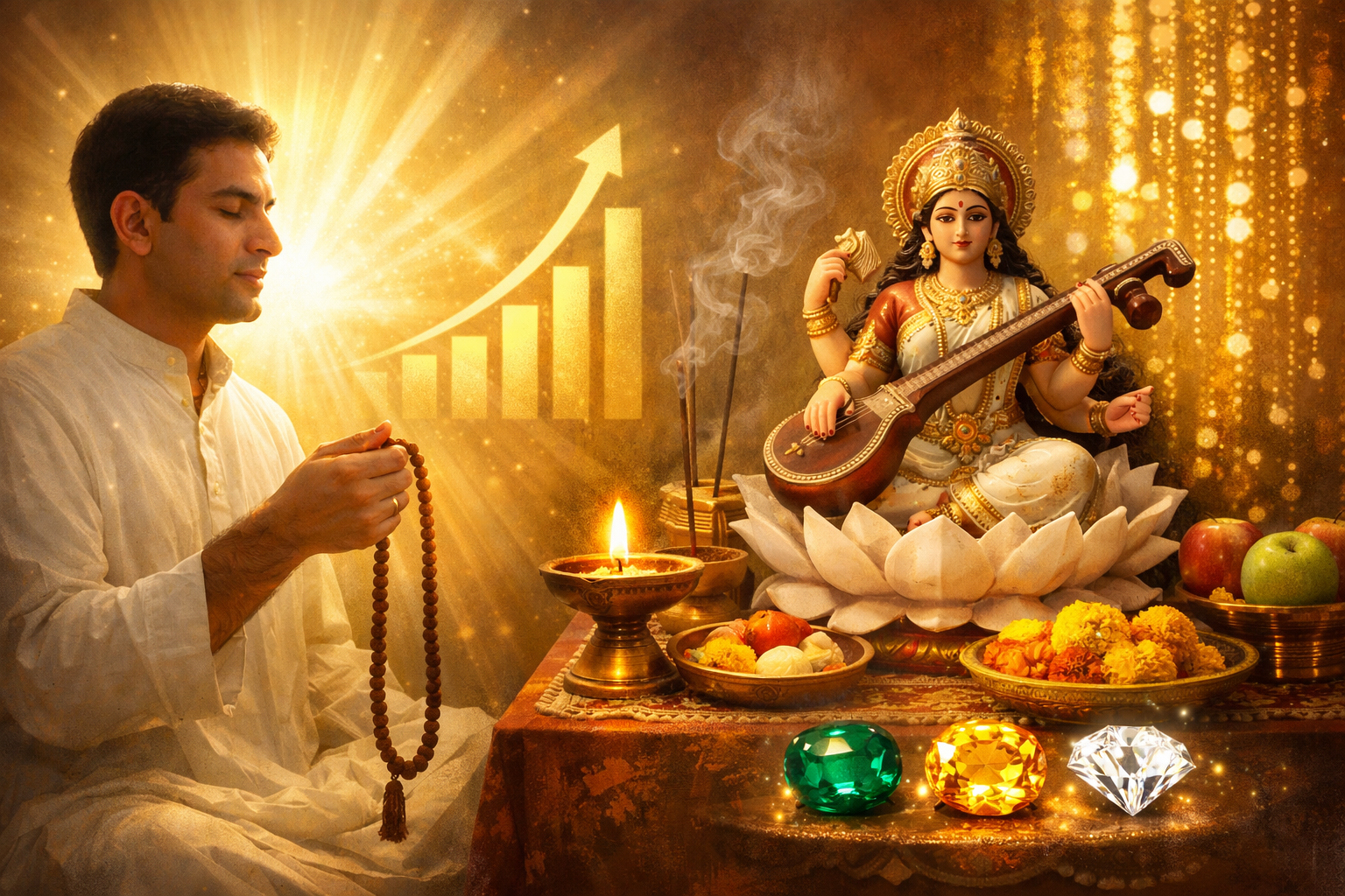 Landscape format (1536x1024) image illustrating various Vedic rituals and practices for Saraswati Yoga in May 2026. On one side, a devotee i