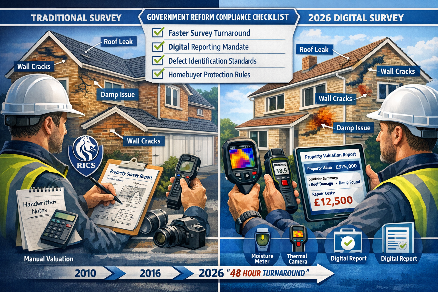 Detailed landscape format (1536x1024) image showing professional surveyor conducting upfront property condition assessment with modern digit