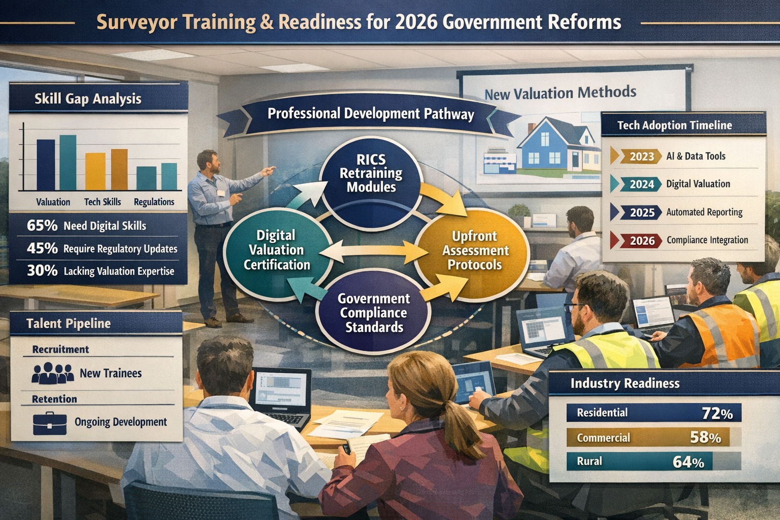 Comprehensive landscape format (1536x1024) infographic-style image displaying surveyor training and readiness framework for 2026 government
