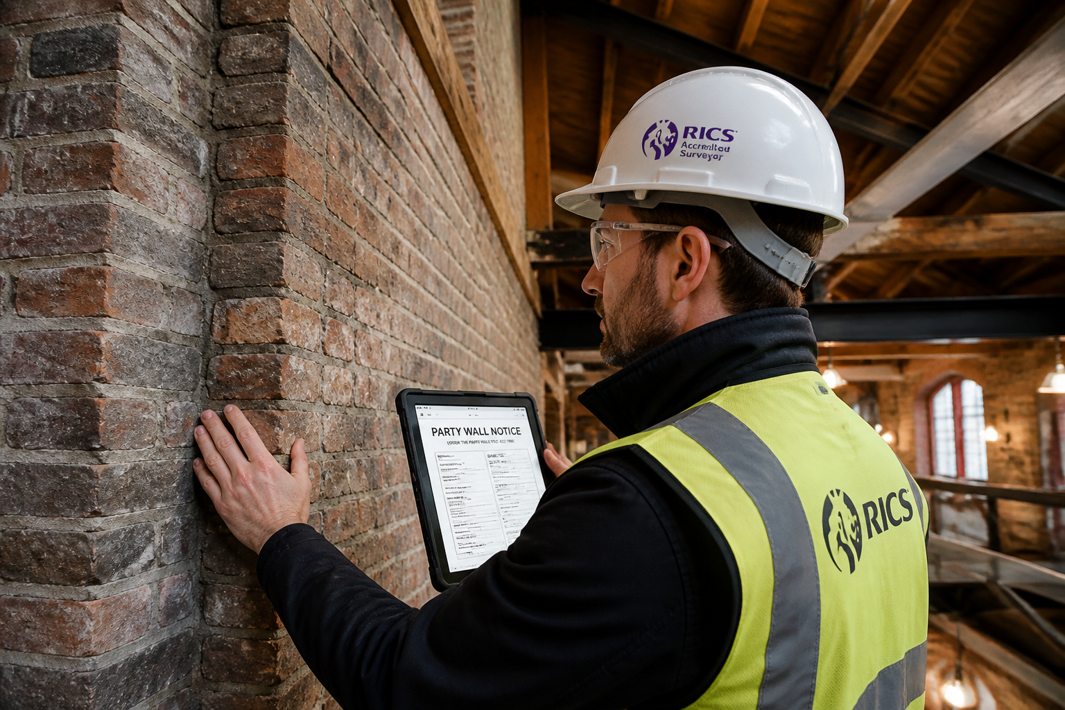 () editorial image showing a RICS-accredited surveyor in hard hat and hi-vis vest examining a thick Victorian party wall