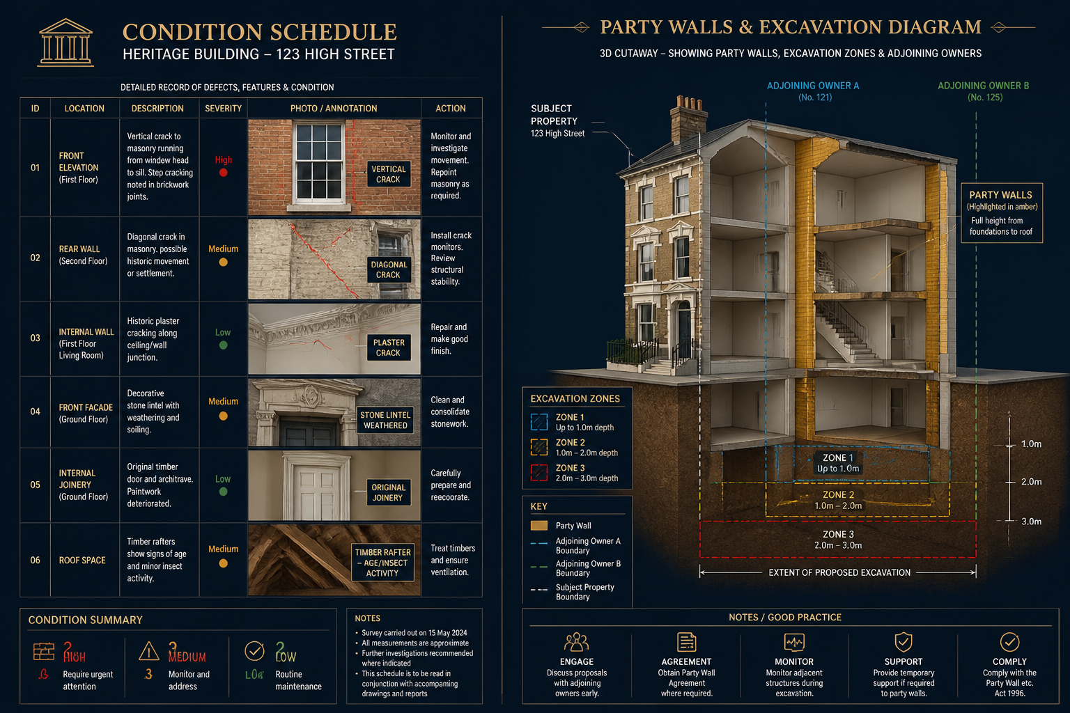 () split-composition infographic-style image: left half shows a detailed schedule of condition document with annotated