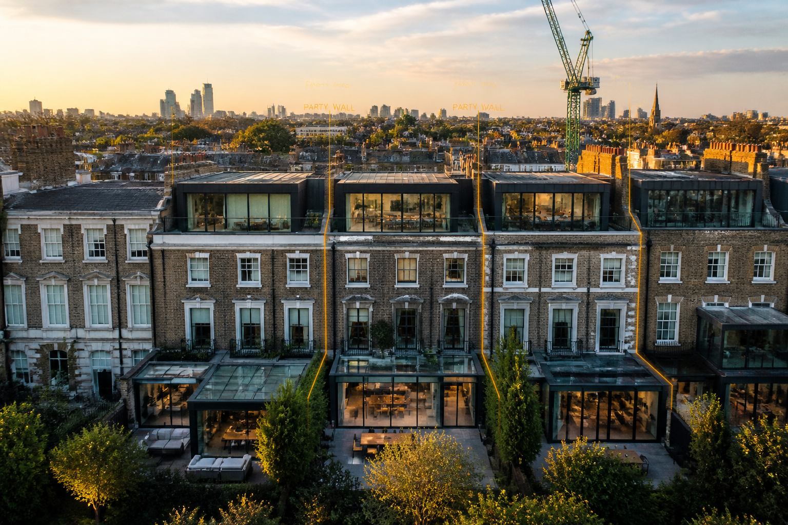 () wide-angle aerial drone shot of a row of converted Georgian terraced buildings in London, construction crane visible,
