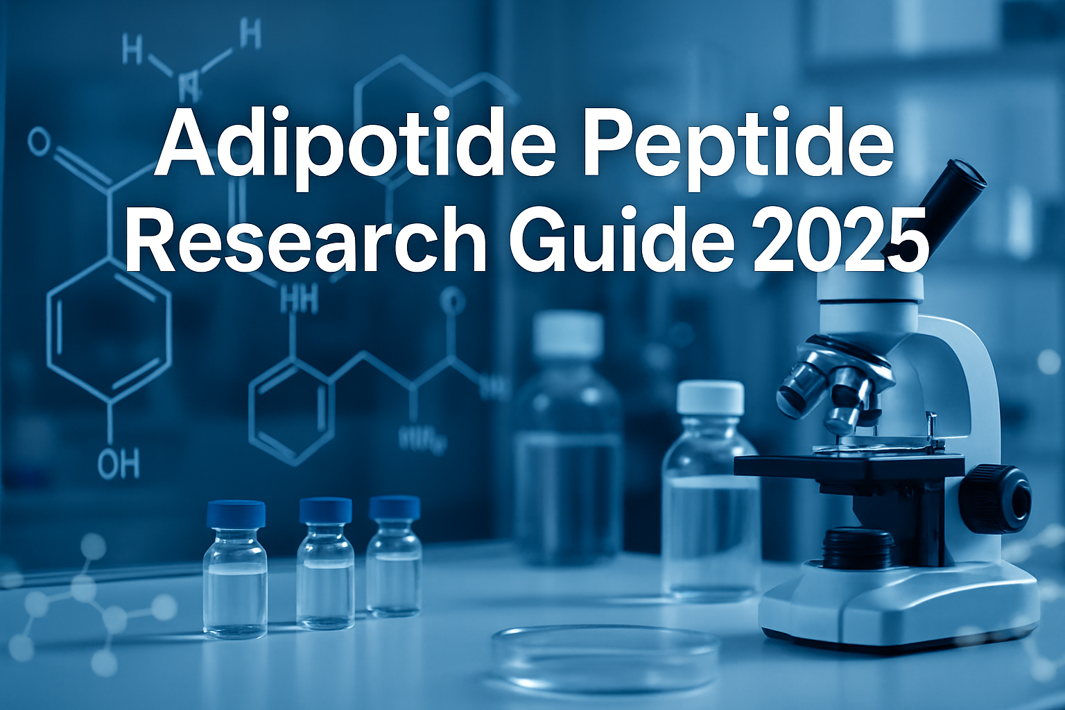 Professional landscape hero image (1536x1024) featuring bold text overlay 'Adipotide Peptide Research Guide 2025' in extra large 72pt white 