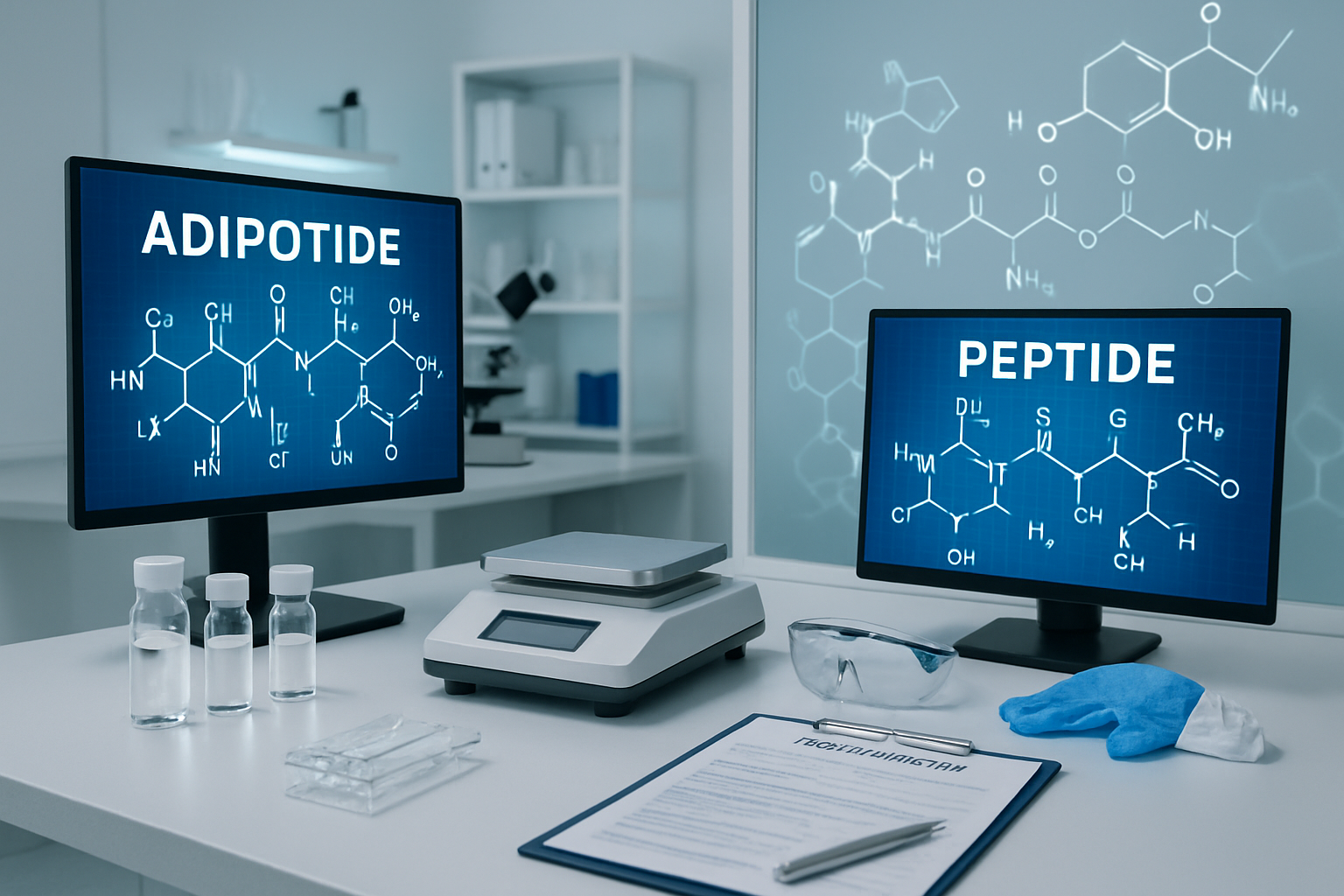 Scientific laboratory scene showing adipotide peptide molecular structure on digital screens, research vials with clear solutions, precision