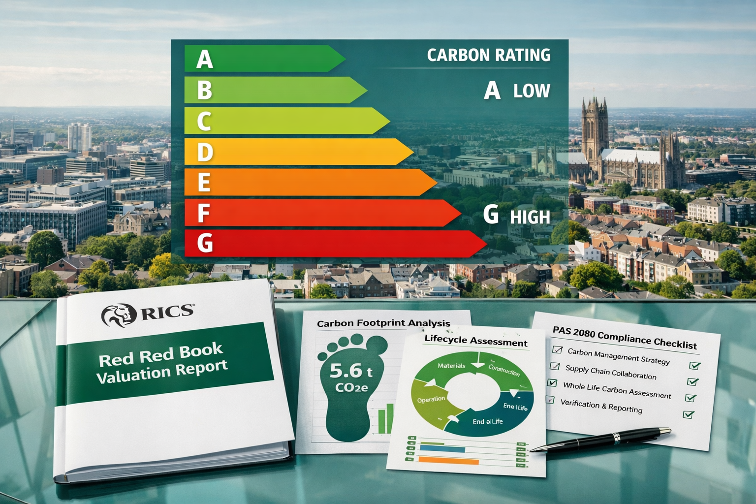 Wide-angle aerial view of a UK city skyline with overlaid digital carbon rating scorecard graphic, showing A-G energy and
