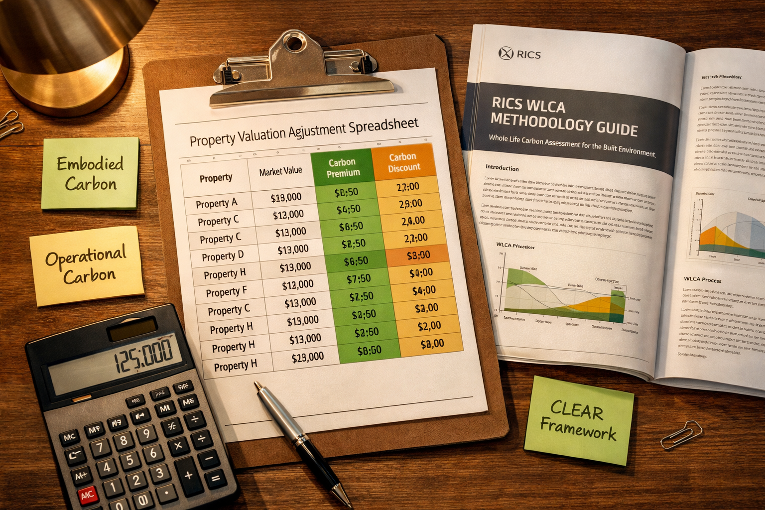 Close-up overhead flat-lay of a surveyor's workstation showing a property valuation adjustment spreadsheet with carbon