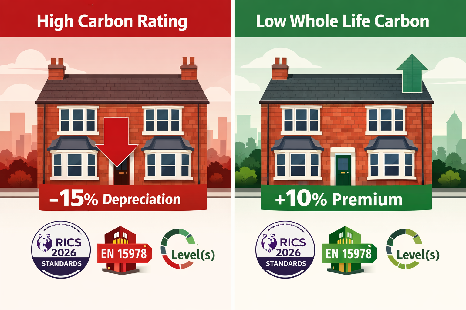Split-screen infographic illustration showing two identical UK terraced houses side by side: left house labeled 'High Carbon