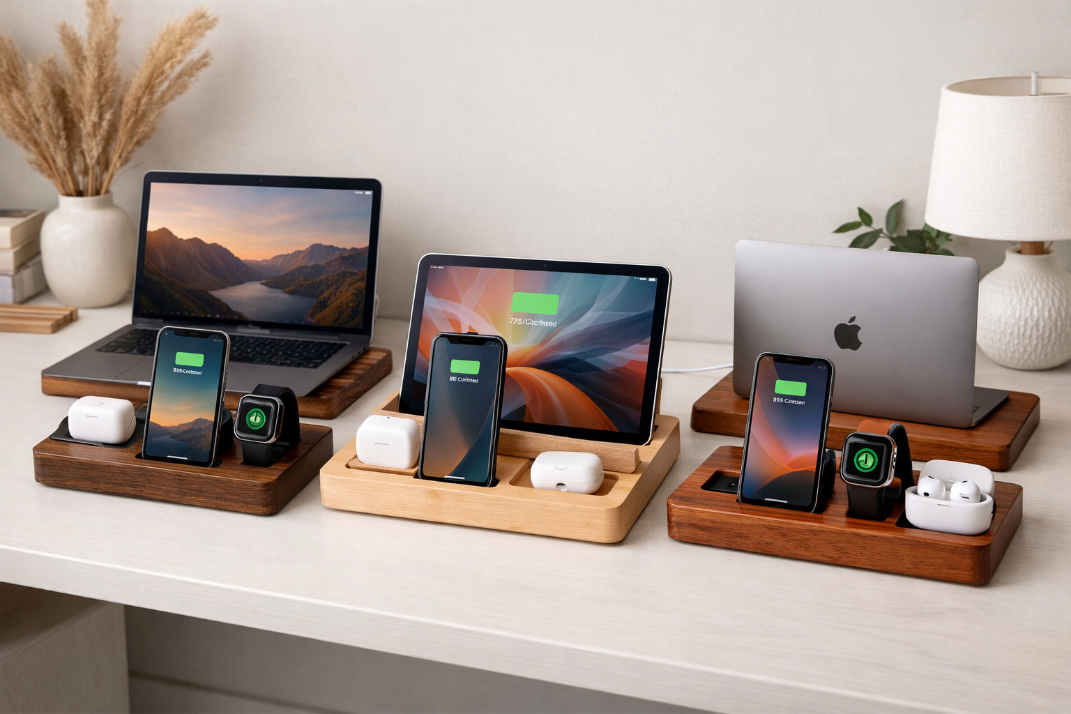 Editorial-style hero image showcasing multiple custom wooden charging stations in a modern home office, featuring walnut,