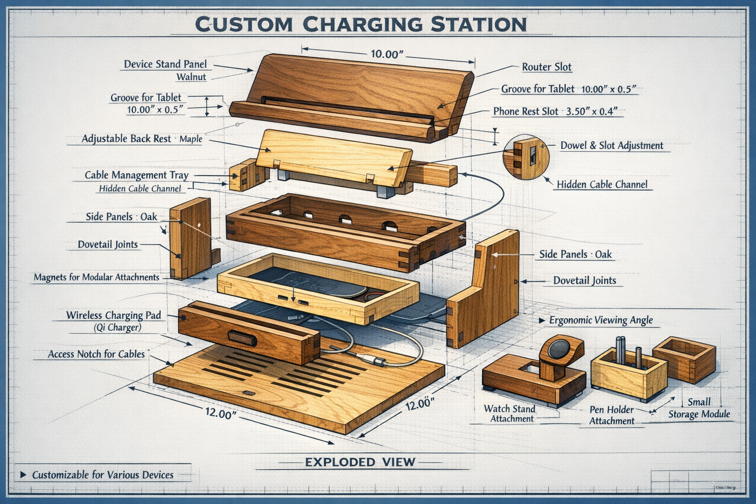 Detailed design blueprint/technical illustration of a custom wooden charging station, showing exploded view with labeled