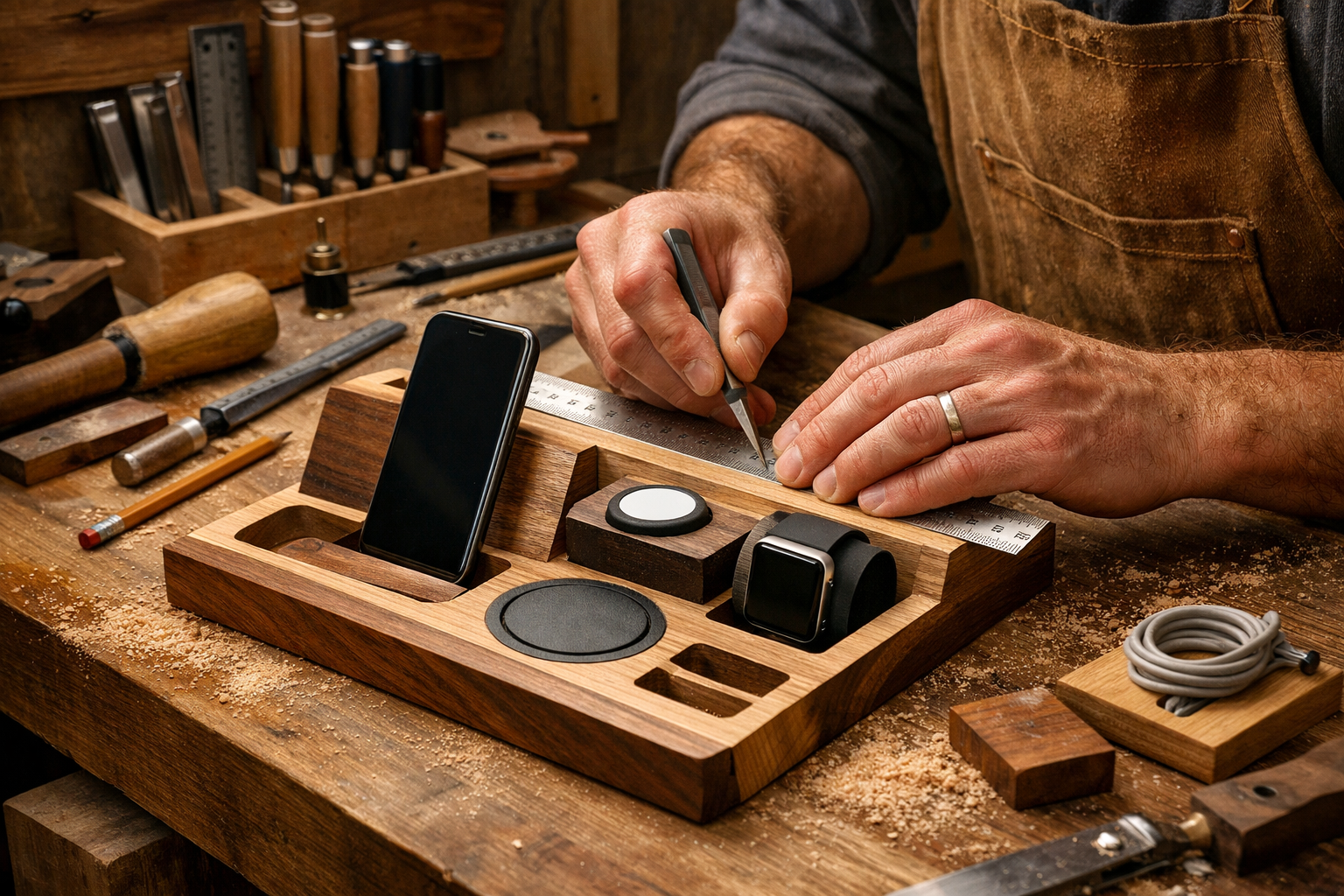 Woodworking workshop scene capturing craftsman mid-construction of custom charging station. Close-up of hands using
