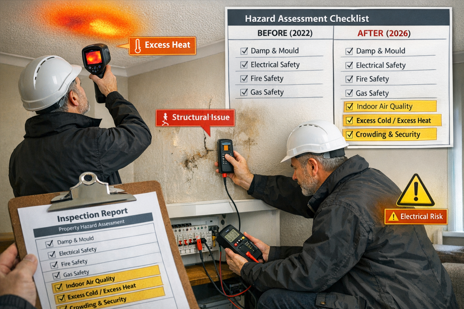 Detailed () image showing professional surveyor conducting comprehensive hazard assessment in private rental property. Scene