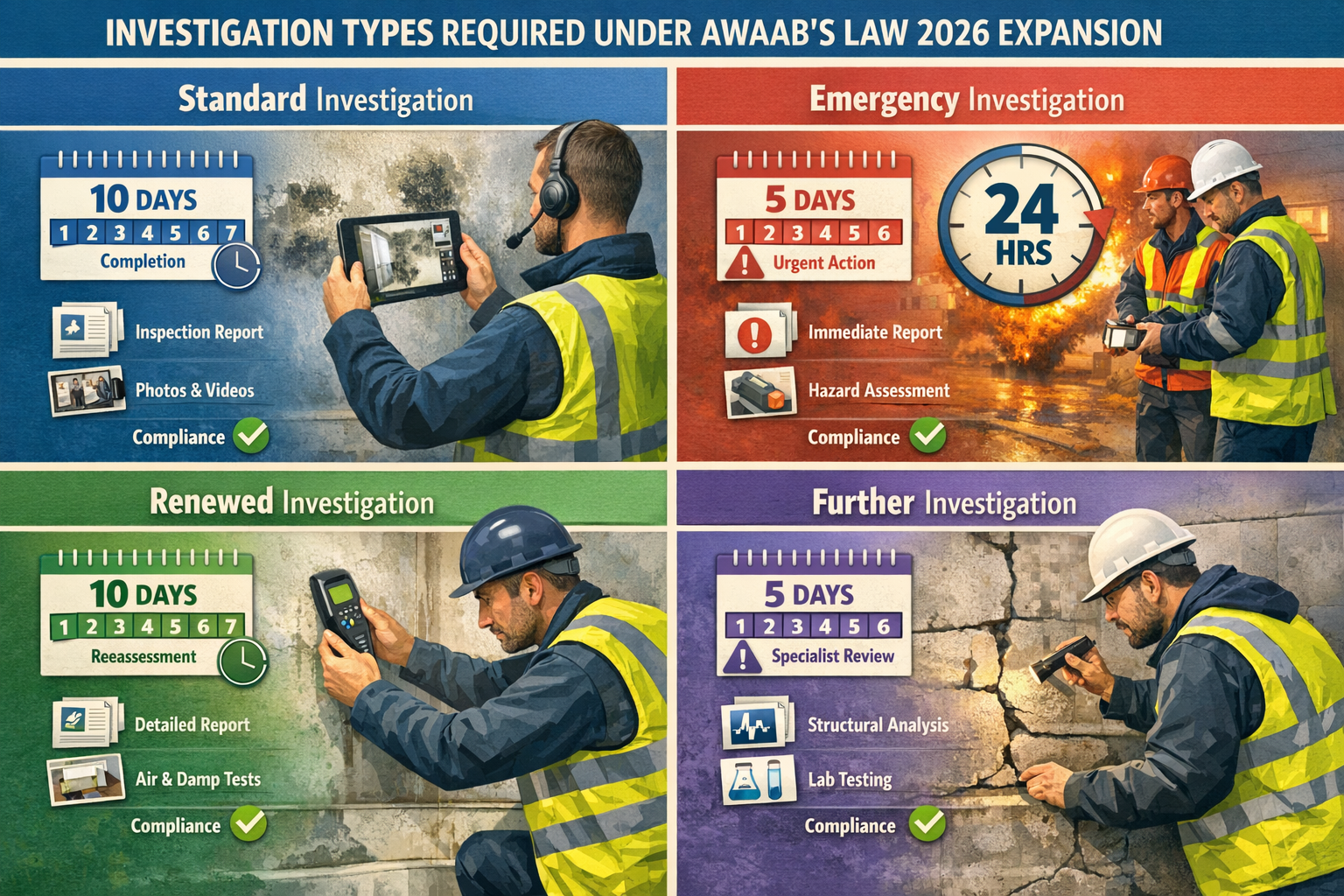 Comprehensive () infographic-style image displaying four distinct investigation types required under Awaab's Law 2026