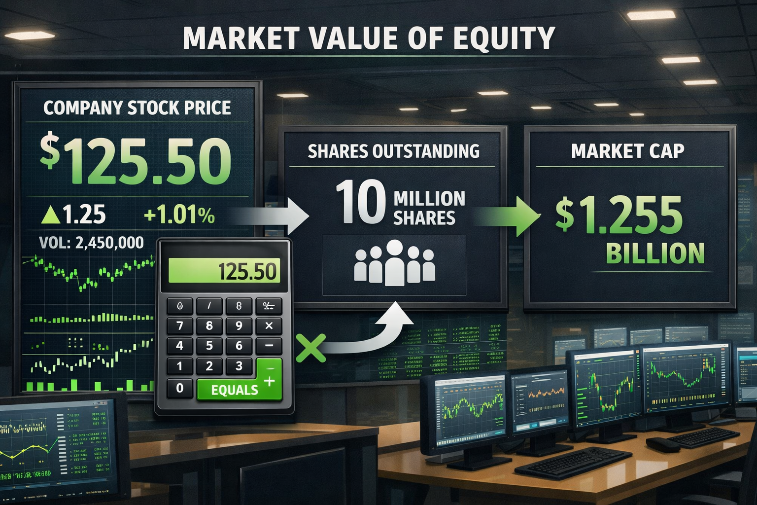 Detailed landscape illustration (1536x1024) showing the market value of equity formula in action: large digital stock market display board w