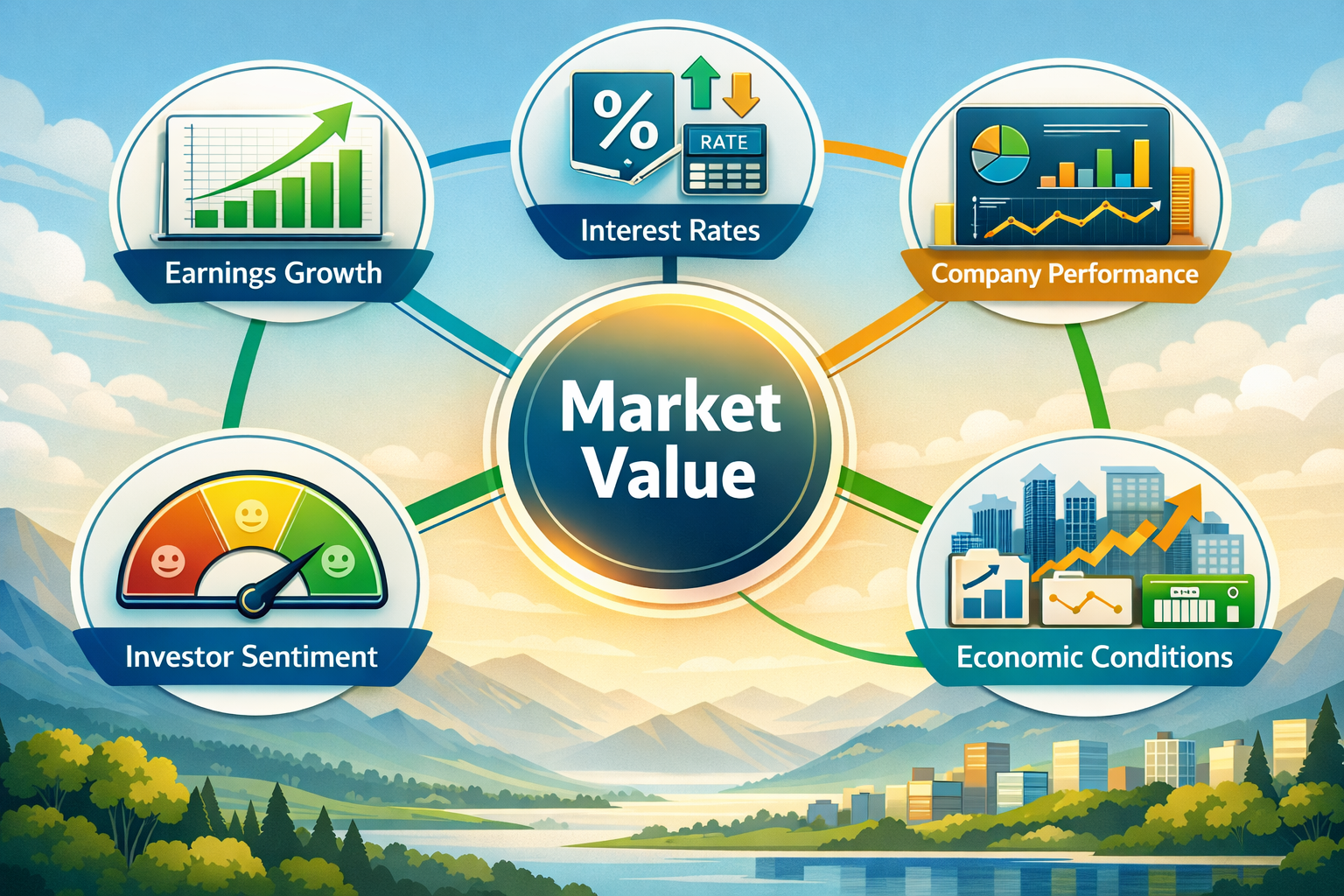 Detailed landscape illustration (1536x1024) depicting factors affecting market value of equity as interconnected nodes in a network diagram.