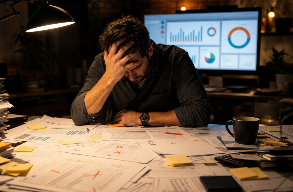 () showing a frustrated real estate investor sitting at a cluttered desk surrounded by printed spreadsheets with red error