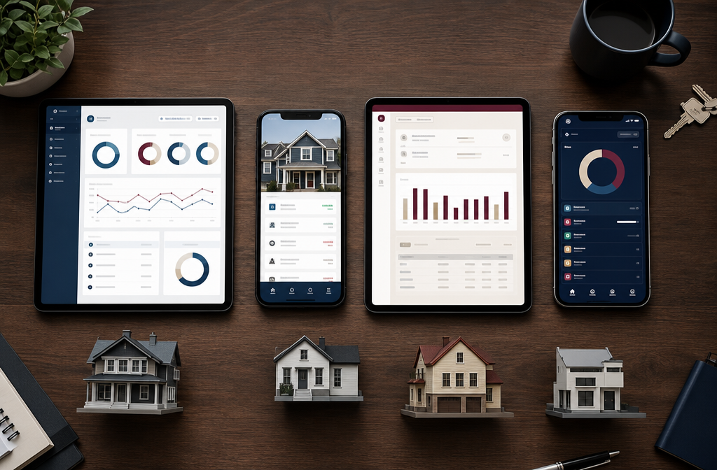 () showing a flat-lay overhead shot of a wooden desk with four distinct software interface mockups displayed on tablets and