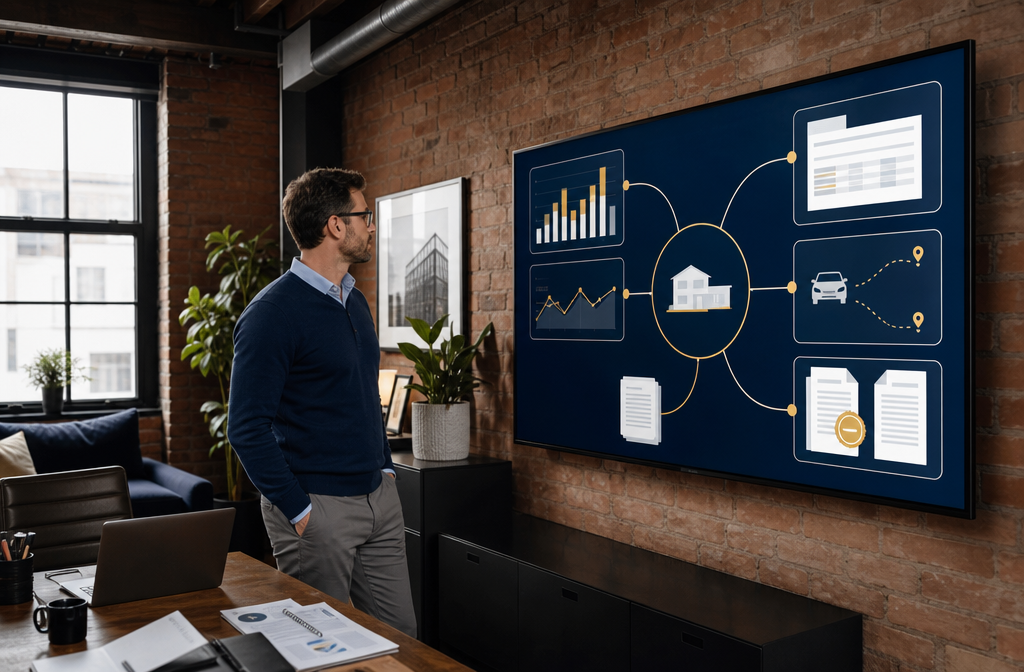 () showing a real estate investor in business casual attire reviewing a large wall-mounted digital display showing rental