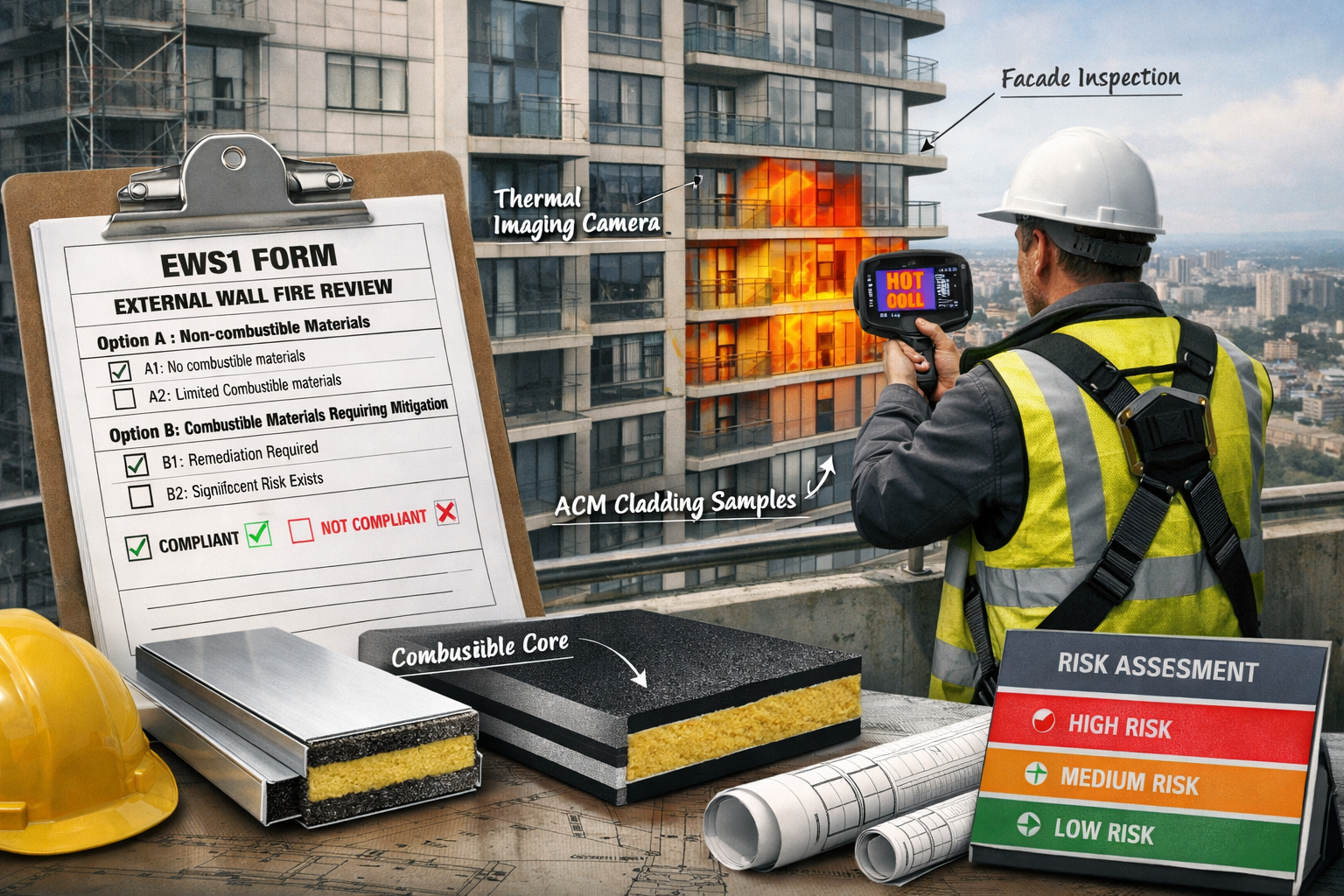 Landscape format (1536x1024) detailed illustration showing building surveyor conducting external wall cladding inspection on high-rise resid