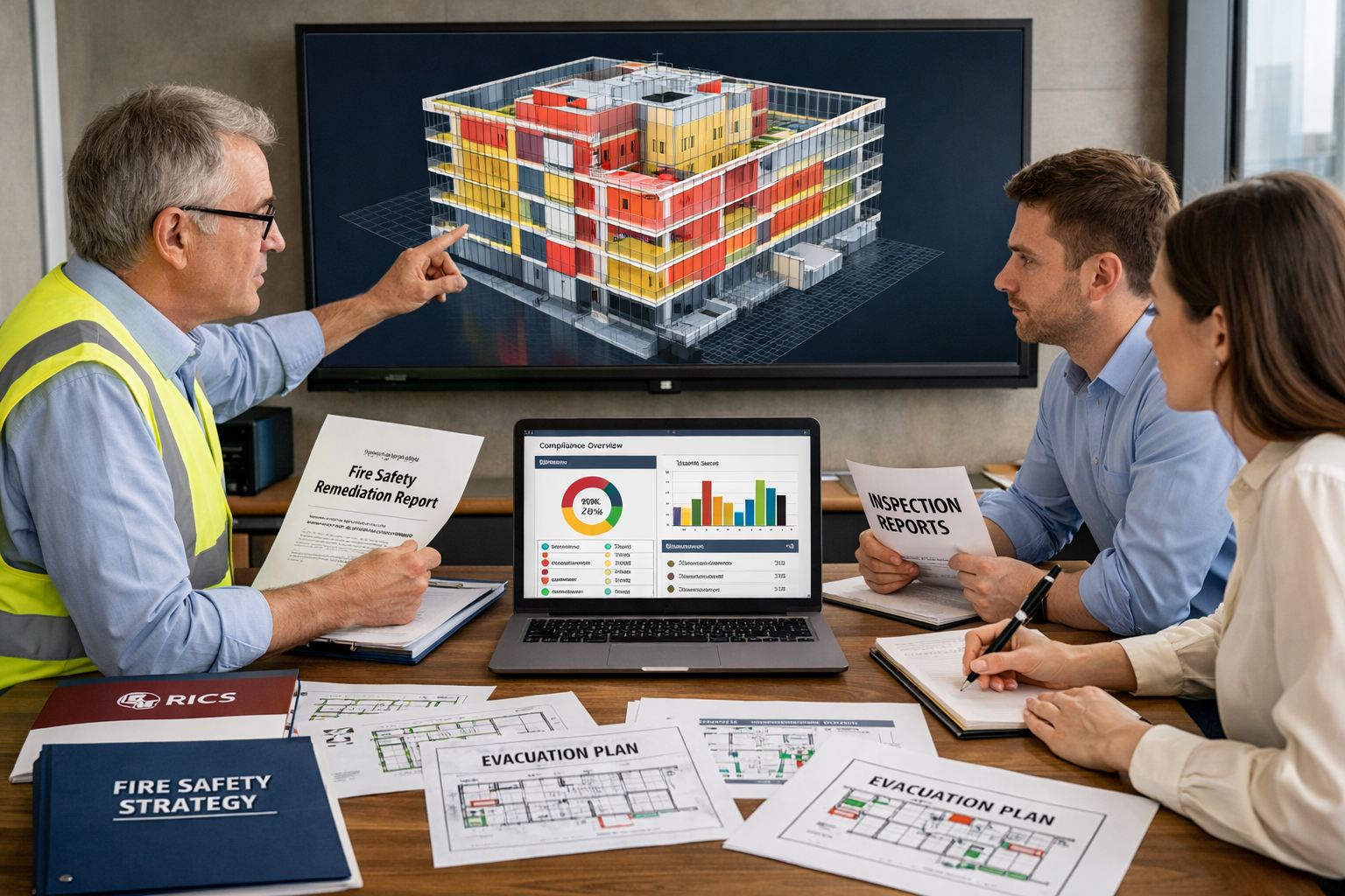 Landscape format (1536x1024) professional scene showing building surveyor team reviewing fire safety remediation documentation in modern off