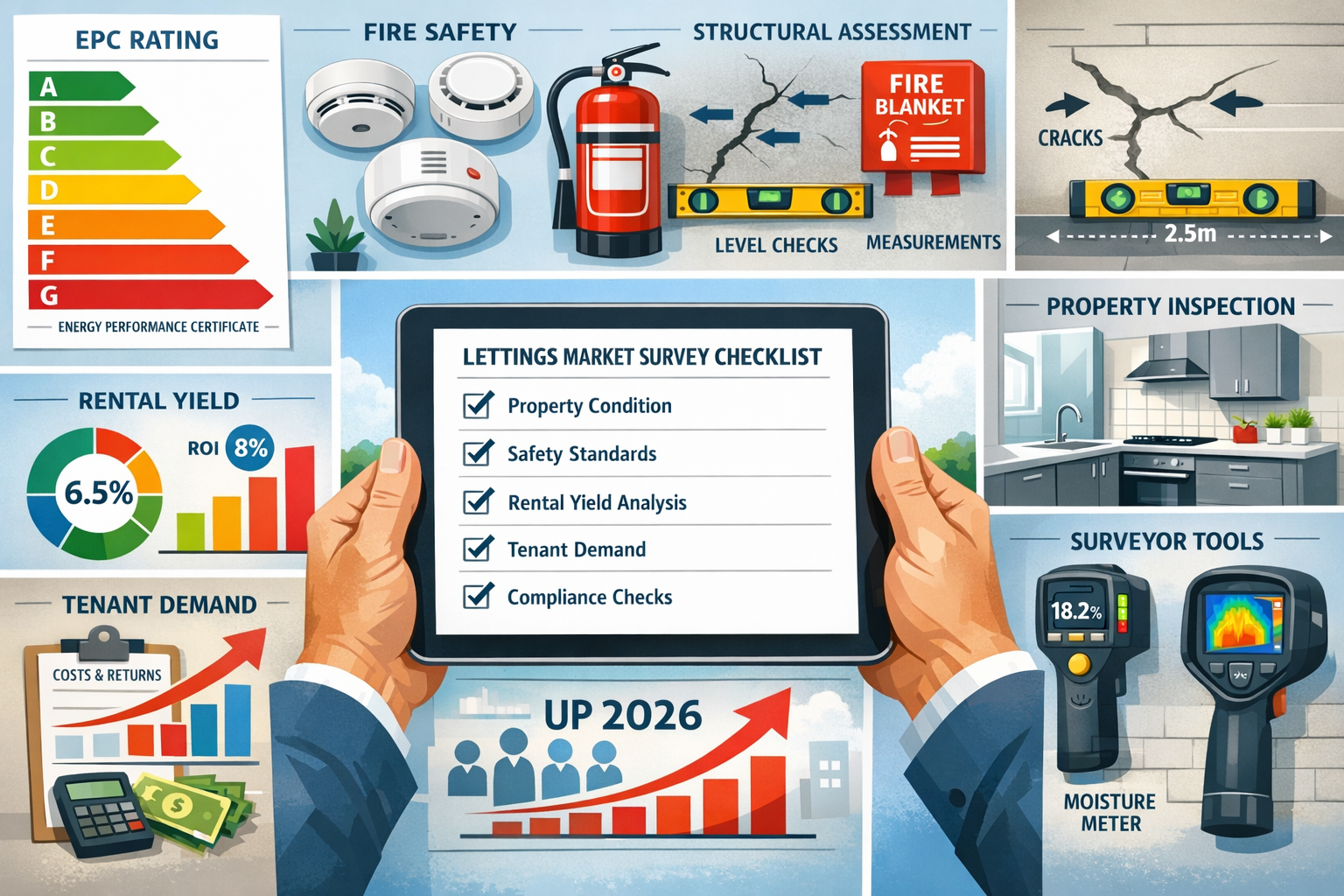 Detailed landscape format (1536x1024) image showing comprehensive lettings market survey checklist on digital tablet held by professional su