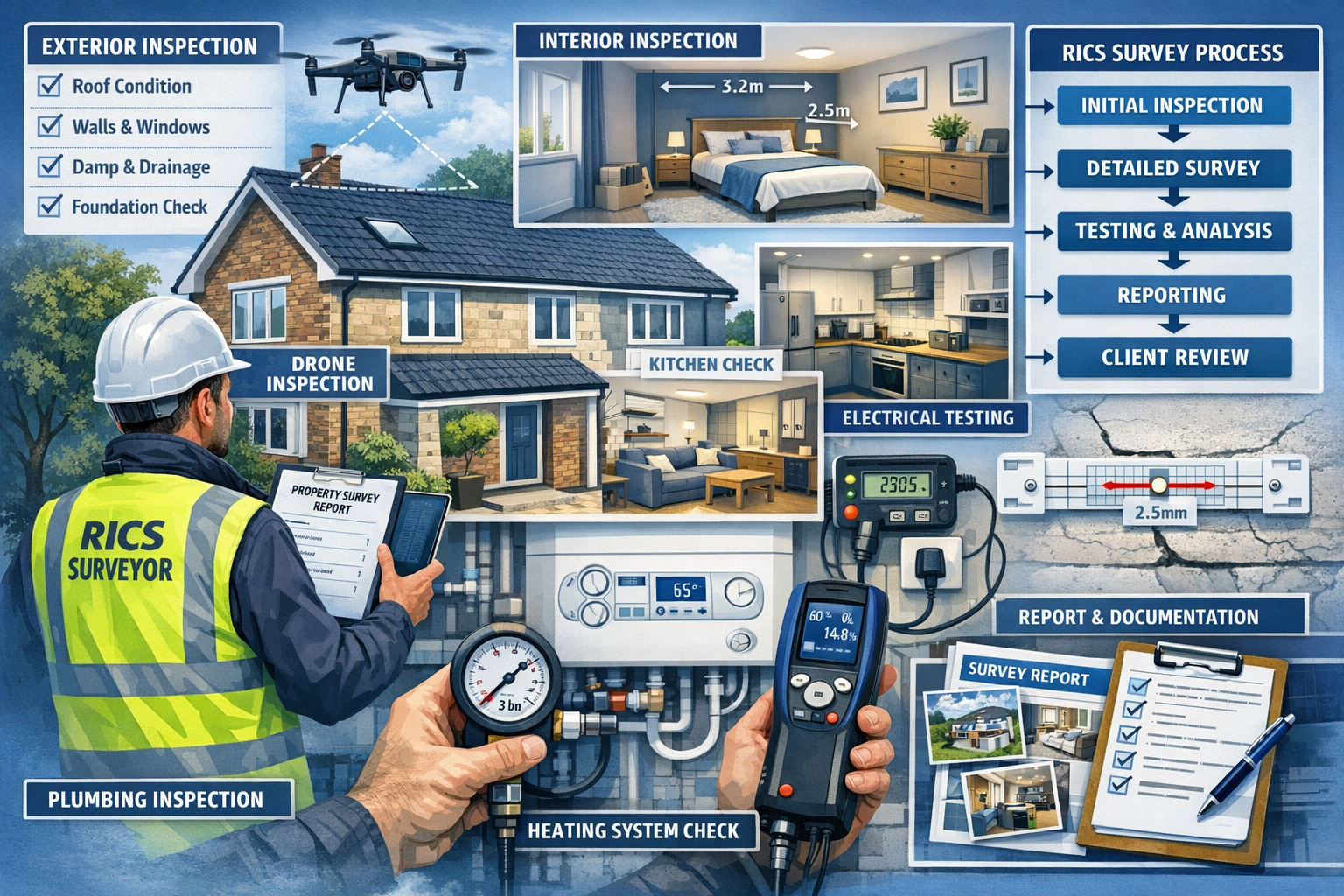 Detailed landscape format (1536x1024) image depicting comprehensive property assessment workflow: professional chartered surveyor conducting