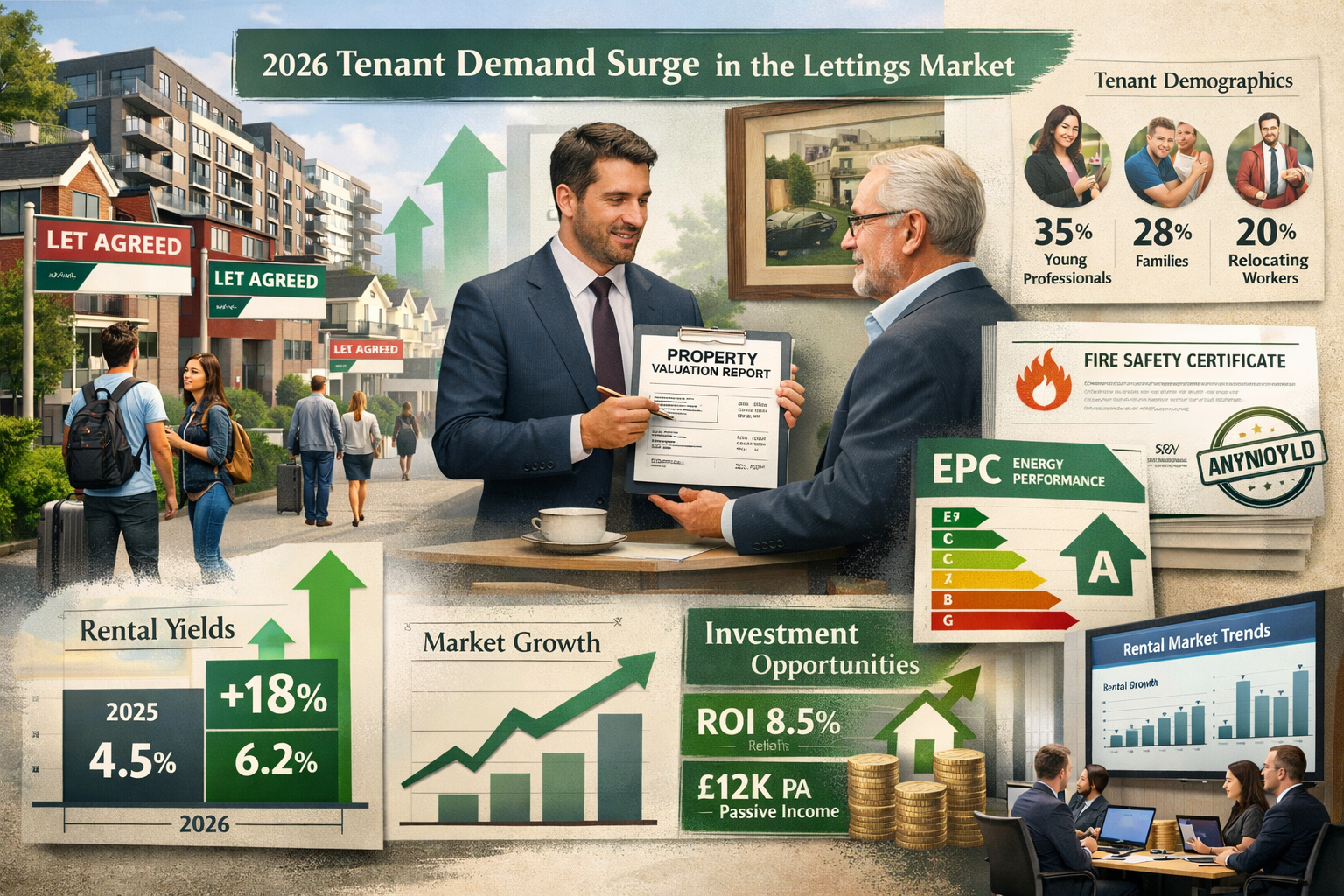 Detailed landscape format (1536x1024) image illustrating 2026 tenant demand surge impact on lettings market: split composition showing high-