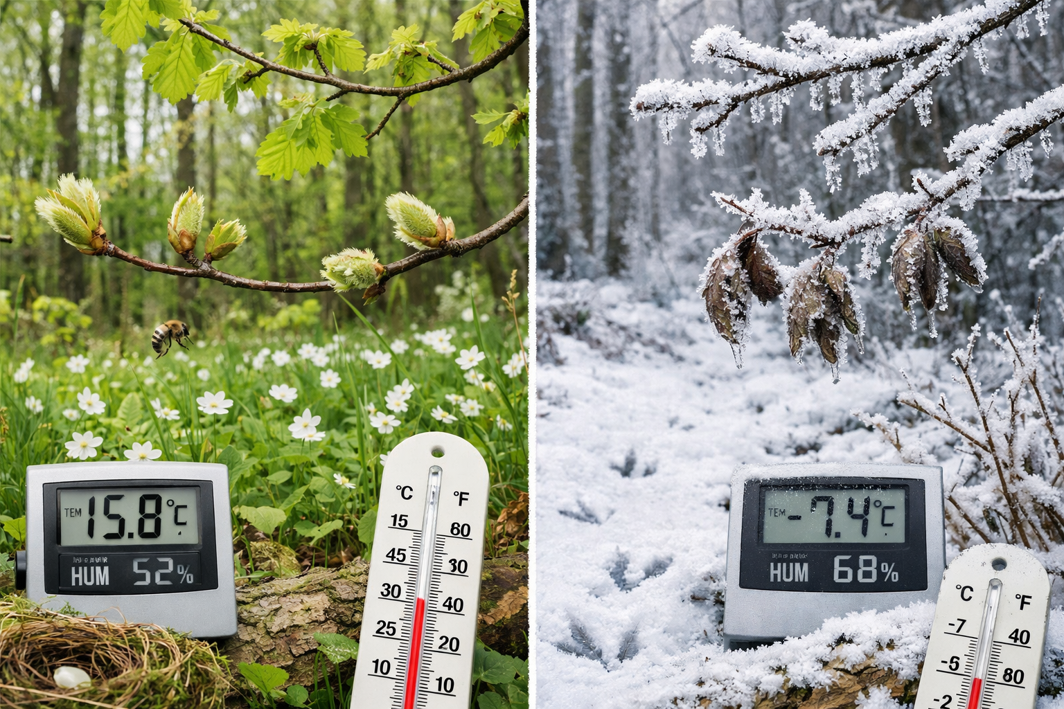 Detailed () image showing close-up view of British woodland ecosystem experiencing polar vortex effects: frost-damaged oak