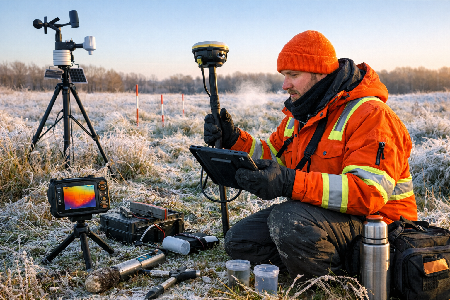 Detailed () image depicting field surveyor conducting biodiversity assessment in challenging winter conditions: professional