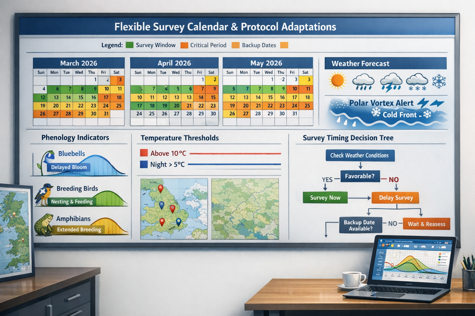 Detailed () infographic-style image showing flexible survey calendar and protocol adaptations: large wall-mounted planning