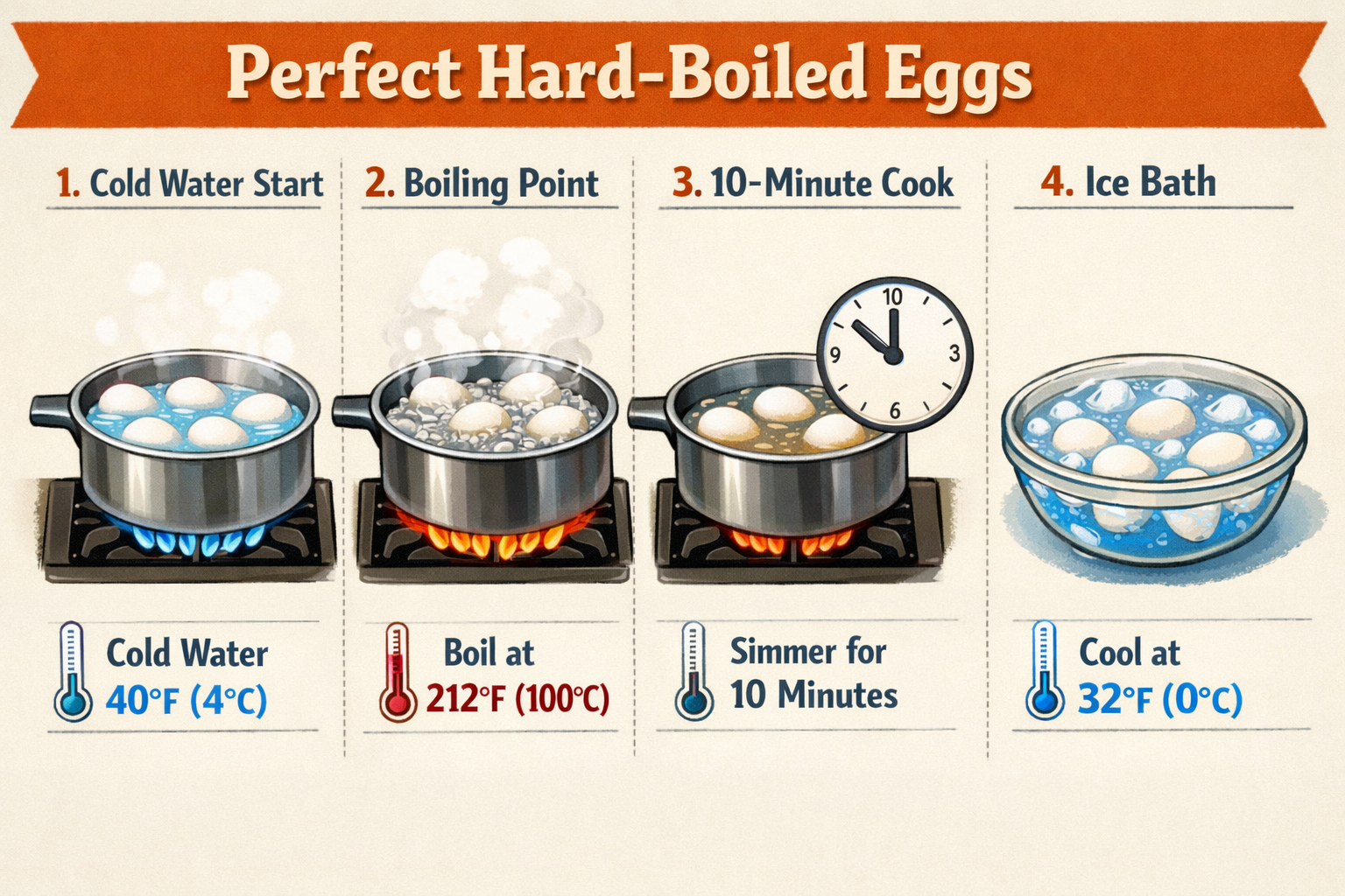 Step-by-step visual cooking guide for perfect hard-boiled eggs showing timeline: cold water start, boiling point, 10-minute
