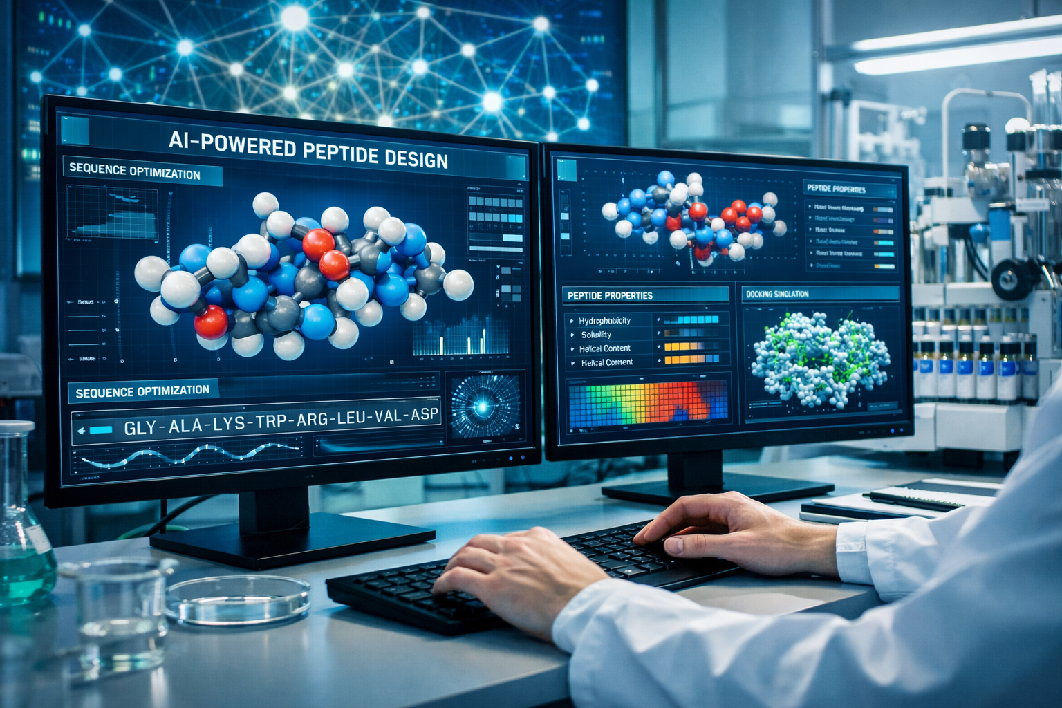 Landscape format (1536x1024) detailed image showing AI-powered peptide design interface on large computer monitors in laboratory setting, wi