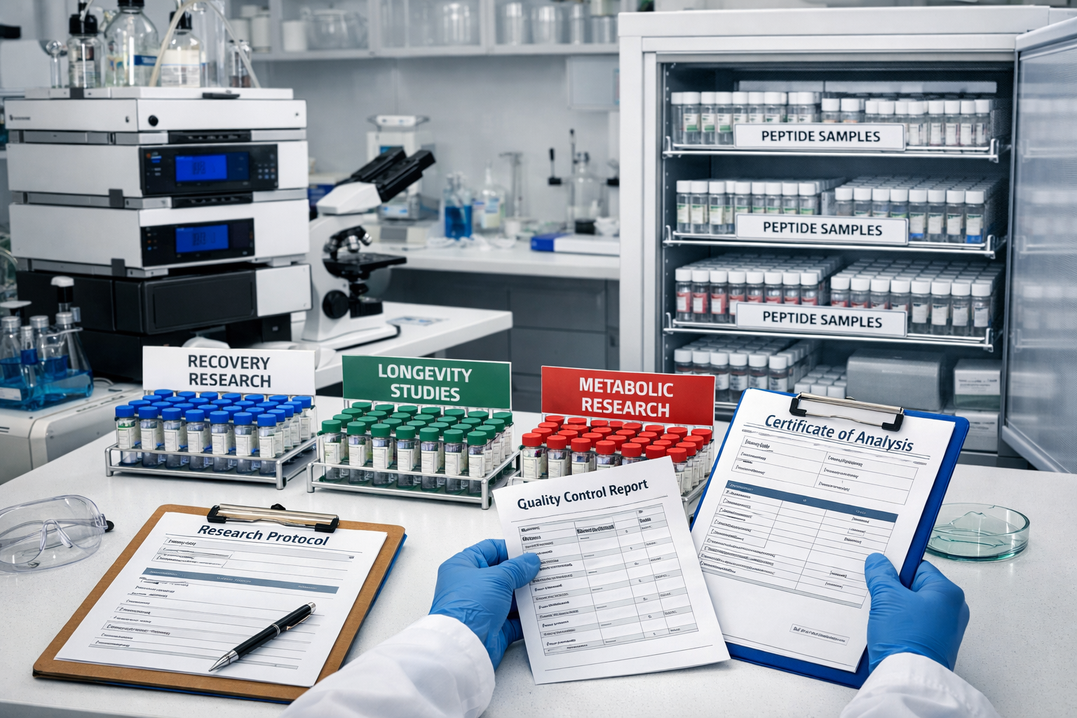 Landscape format (1536x1024) image of organized laboratory workspace dedicated to peptide research applications, showing labeled vials for r