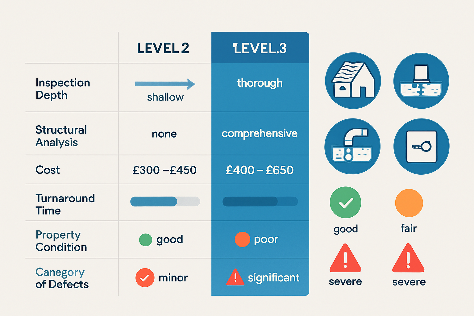 Professional infographic-style landscape image (1536x1024) displaying side-by-side comparison chart of three survey levels with Level 3 high