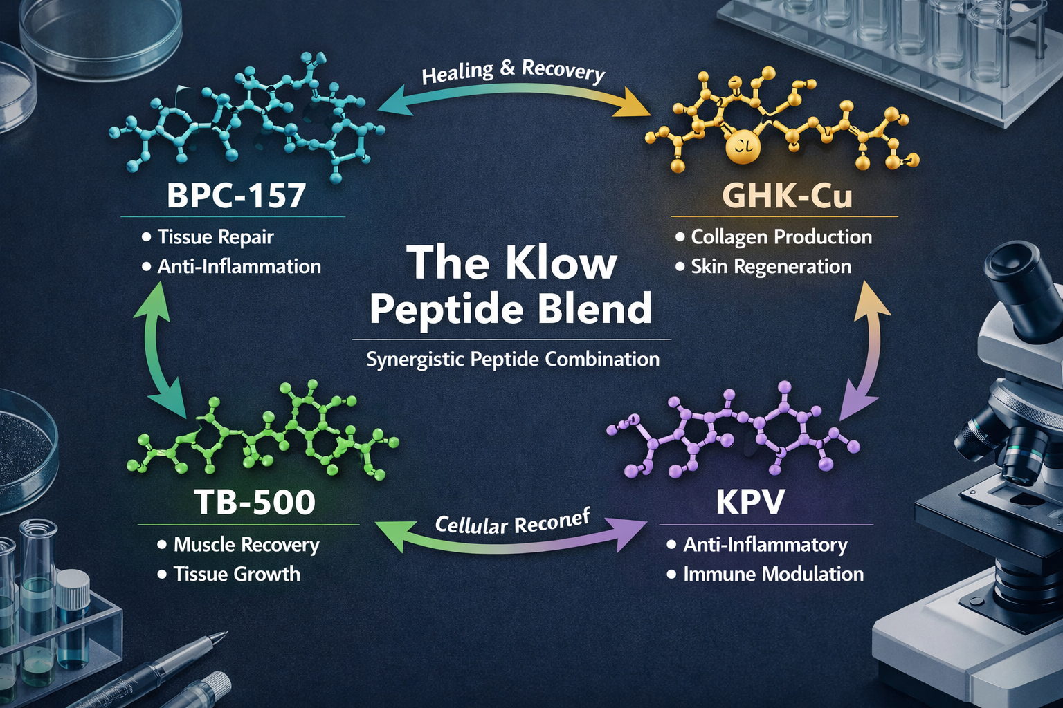 Detailed () infographic-style image showing the four components of the Klow peptide blend — BPC-157, GHK-Cu, TB-500, and KPV