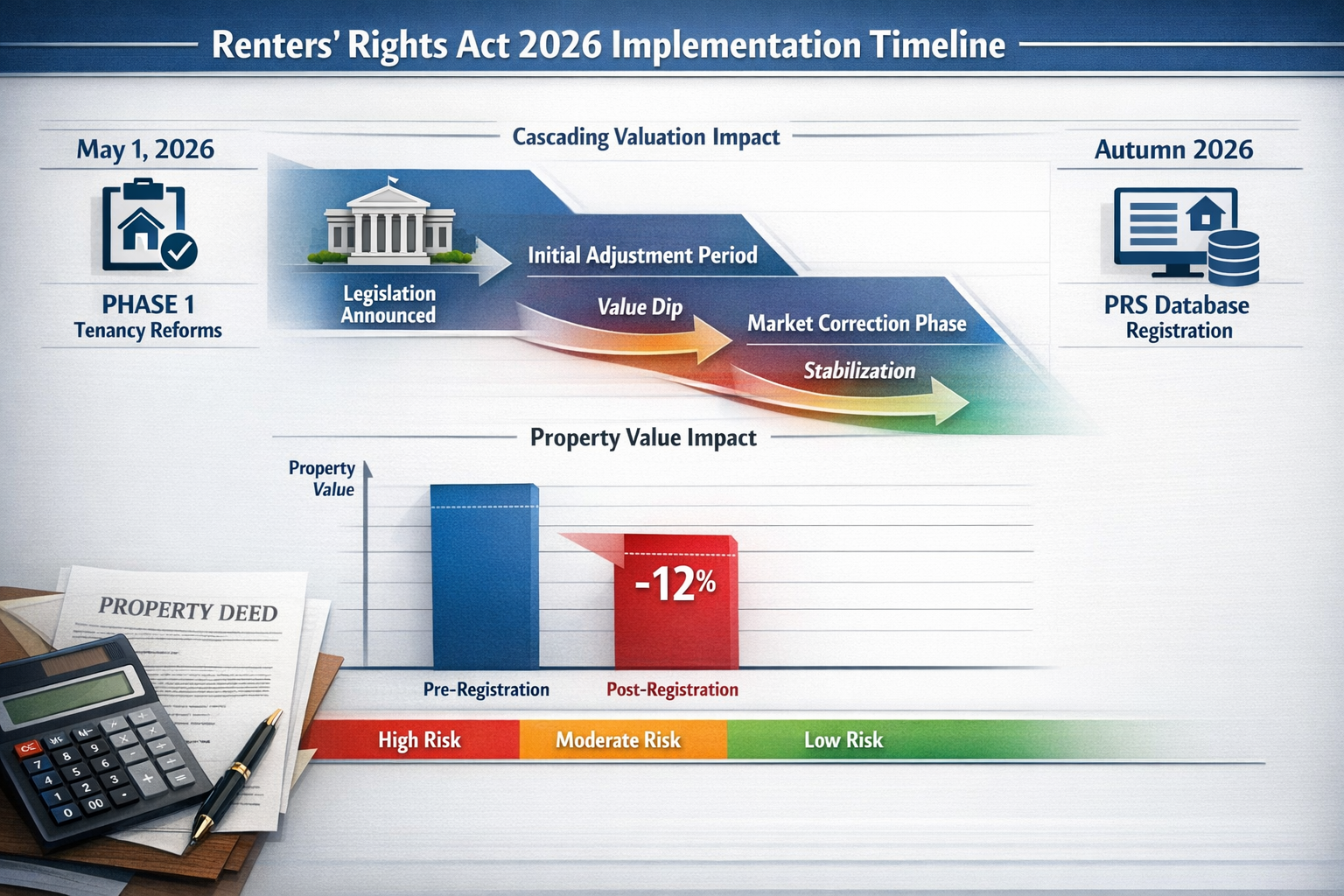 () detailed infographic showing timeline visualization of Renters' Rights Act 2026 implementation phases. Left side displays