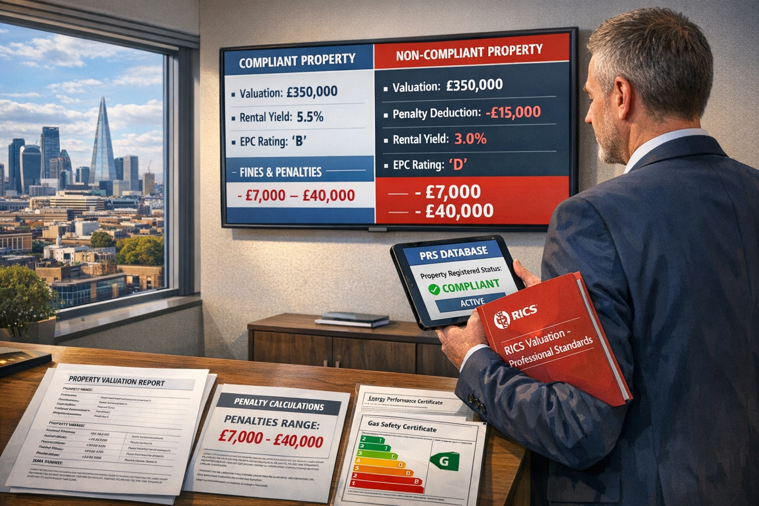 () professional scene showing chartered surveyor conducting property valuation assessment in modern rental property