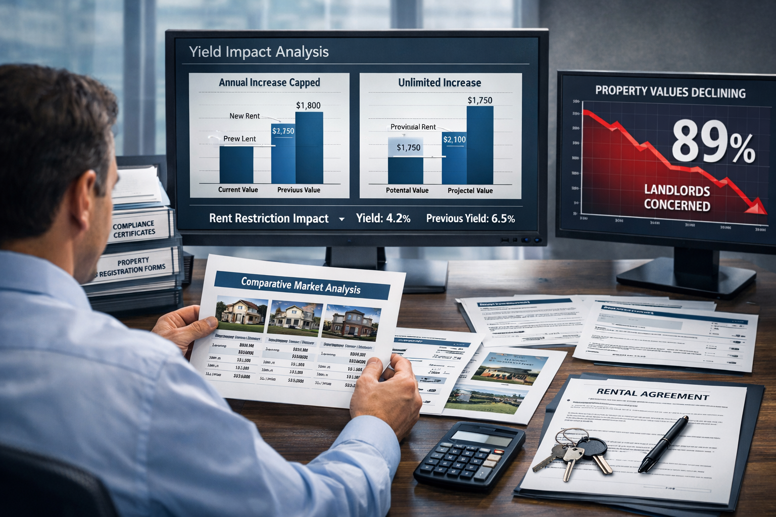 () conceptual business illustration showing property investment portfolio analysis post-Renters' Rights Act. Central focus