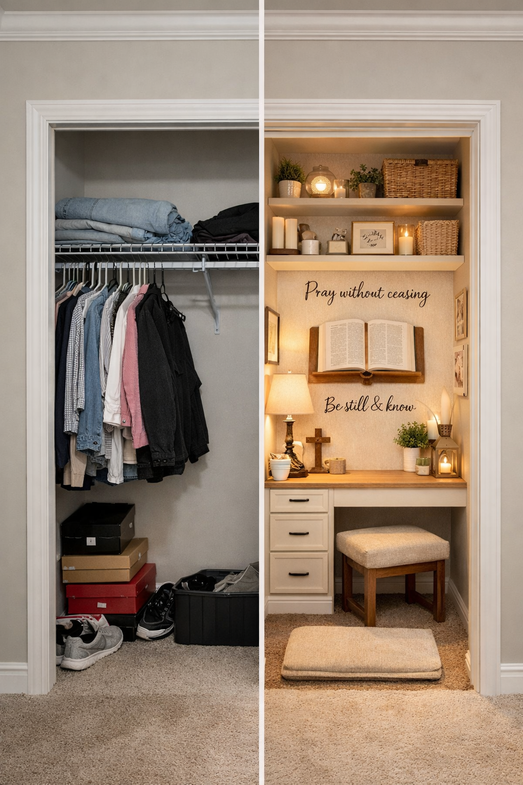 Repurposed closet prayer room transformation, showing before-and-after split image, left side showing standard closet, right side revealing 