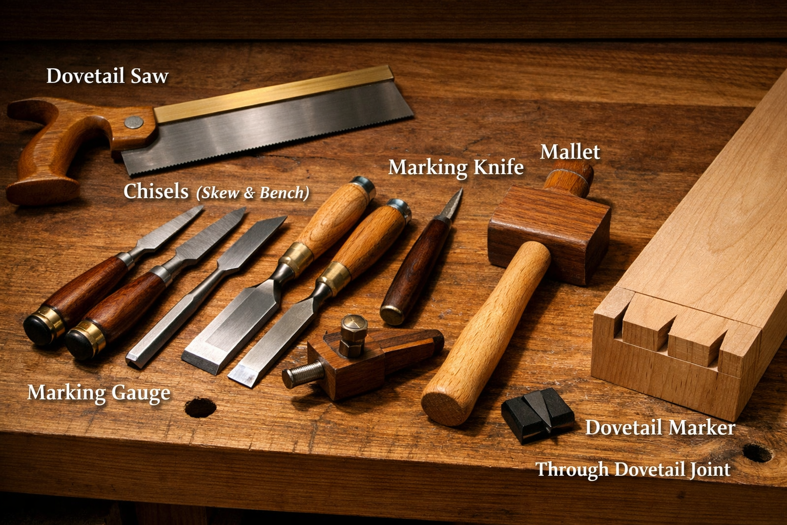 Landscape format (1536x1024) image illustrating the essential hand tools for dovetail joinery: a sharp dovetail saw, a variety of chisels (s