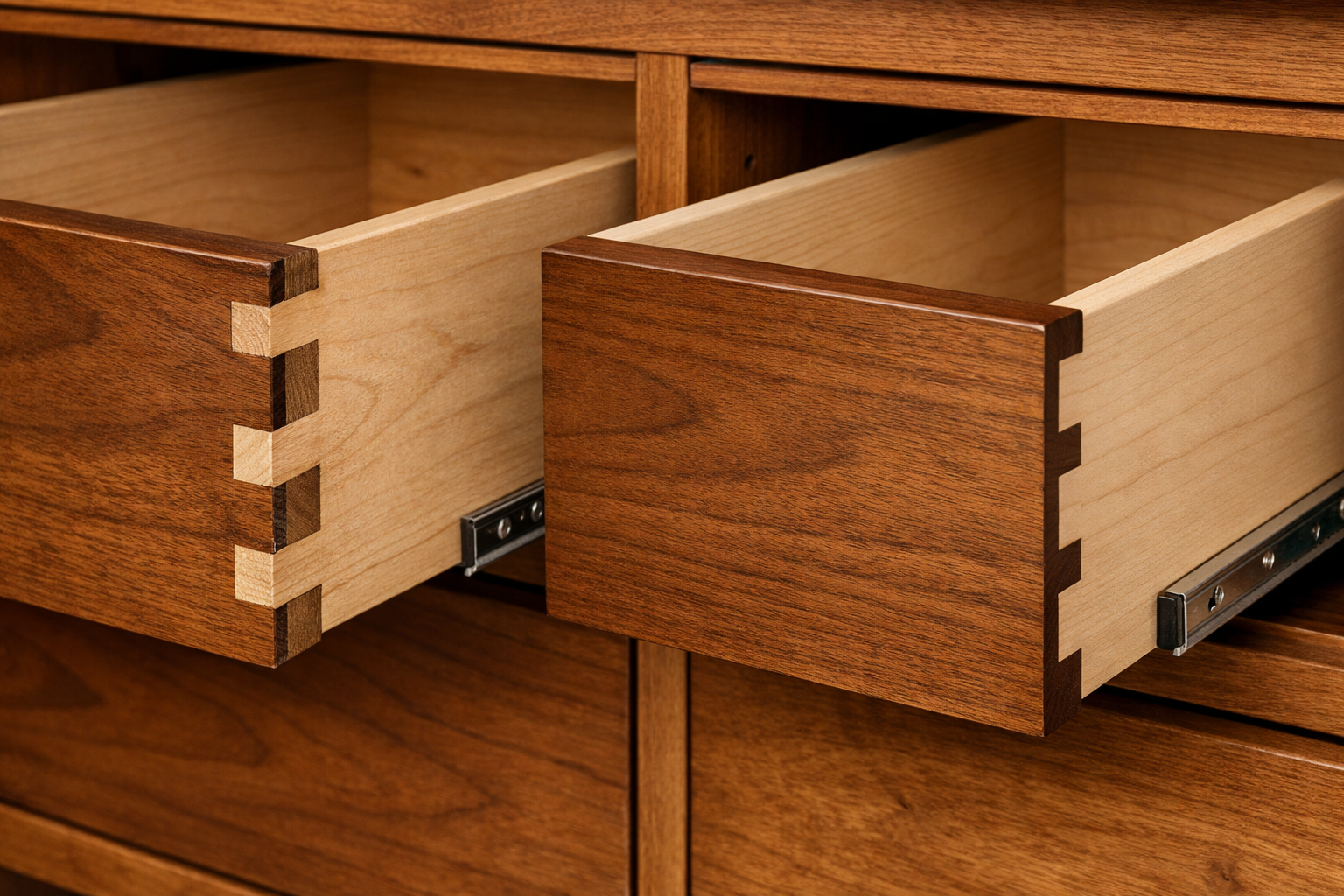 Landscape format (1536x1024) image depicting two contrasting drawer constructions side-by-side: one with expertly cut hand-sawn through dove