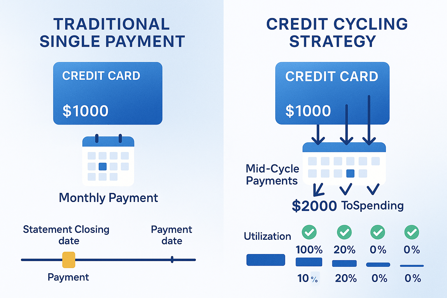 Detailed infographic illustration (1536x1024) showing credit cycling mechanics with split-screen comparison: left side displays traditional 
