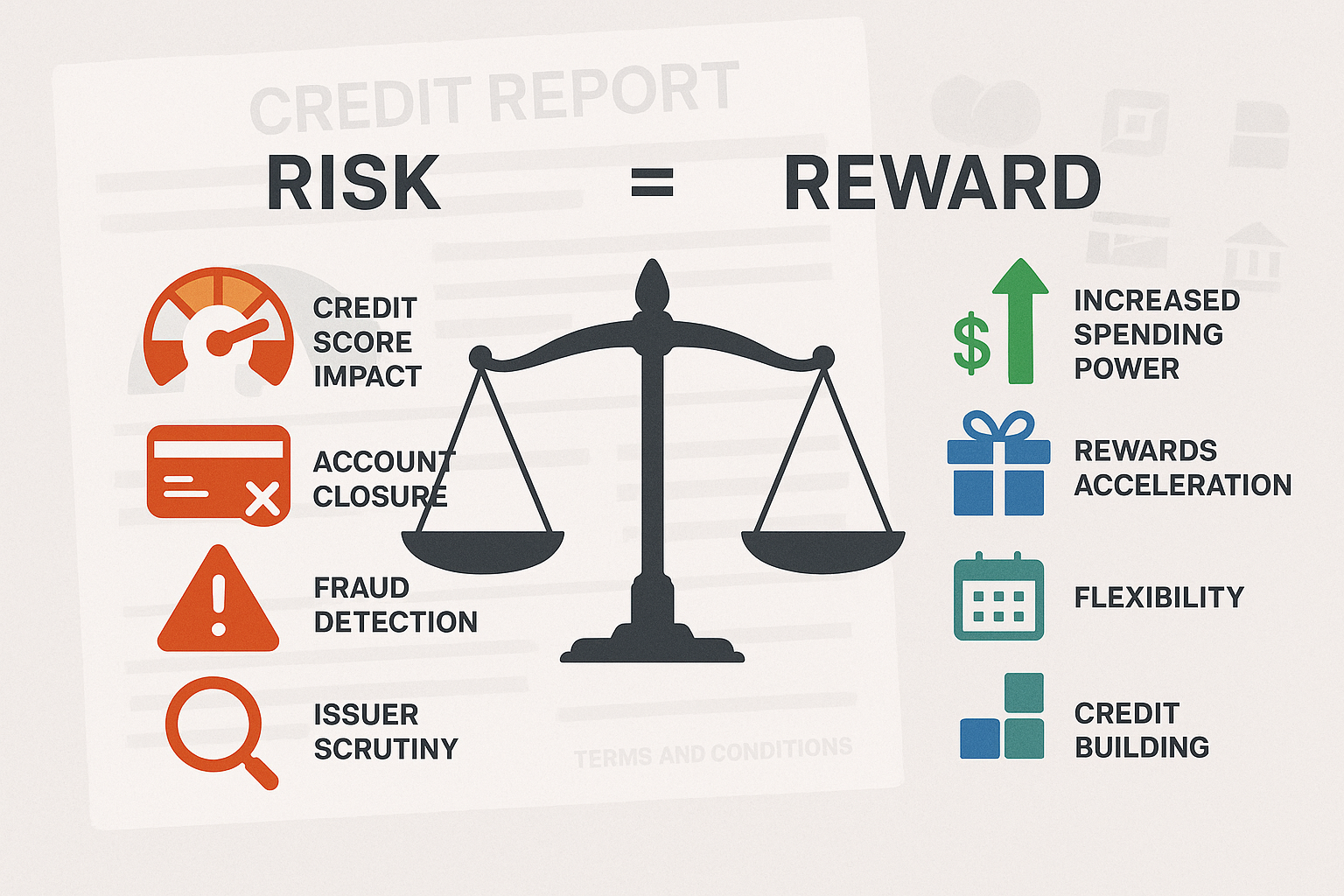 Landscape comparison chart illustration (1536x1024) showing credit cycling risks versus benefits in balanced scale visual metaphor. Left sid