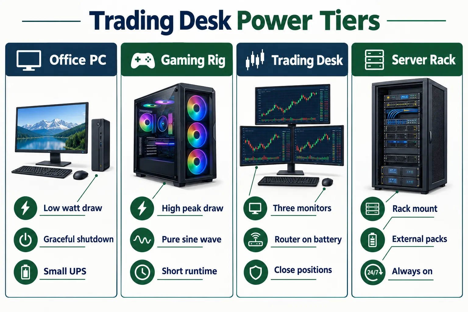 Trading desk power tiers from office PC to gaming rig, trading desk and server rack
