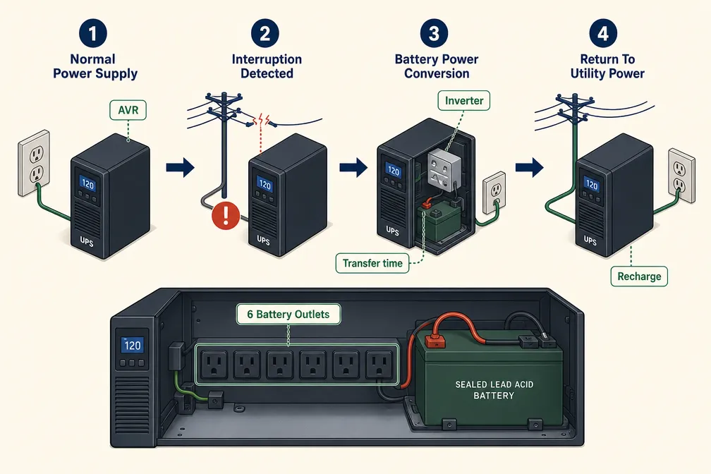 How a UPS works: normal power, interruption detected, battery conversion, return to utility power