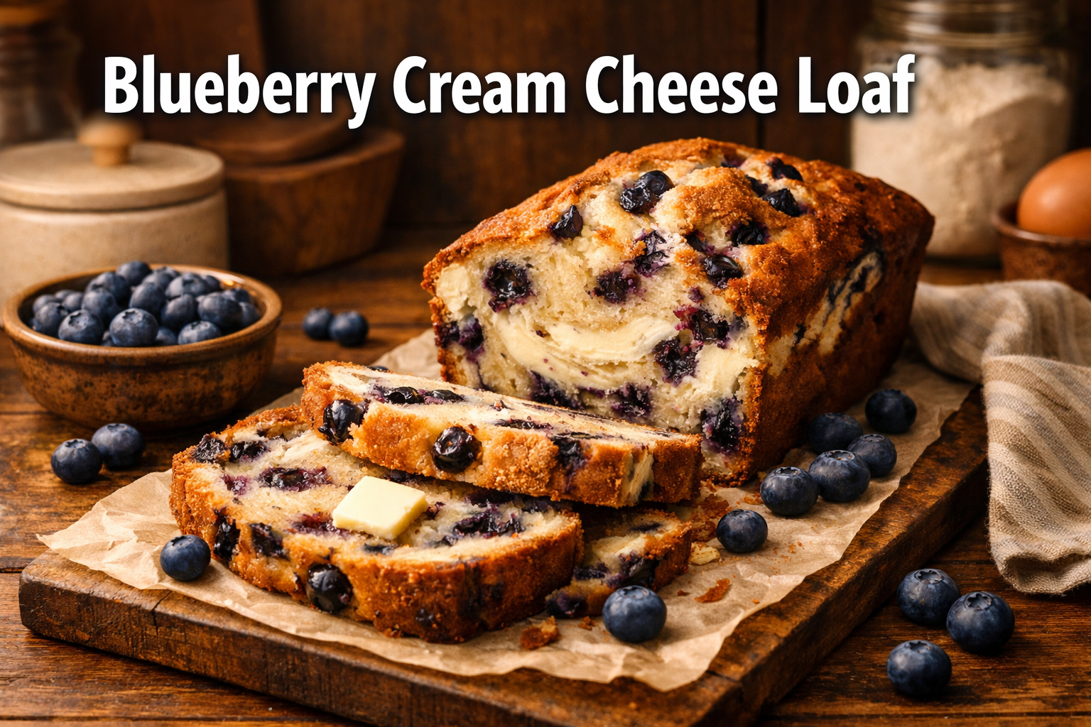 Professional landscape hero image (1536x1024) featuring bold text overlay 'Blueberry Cream Cheese Loaf' in extra large 72pt white sans-serif