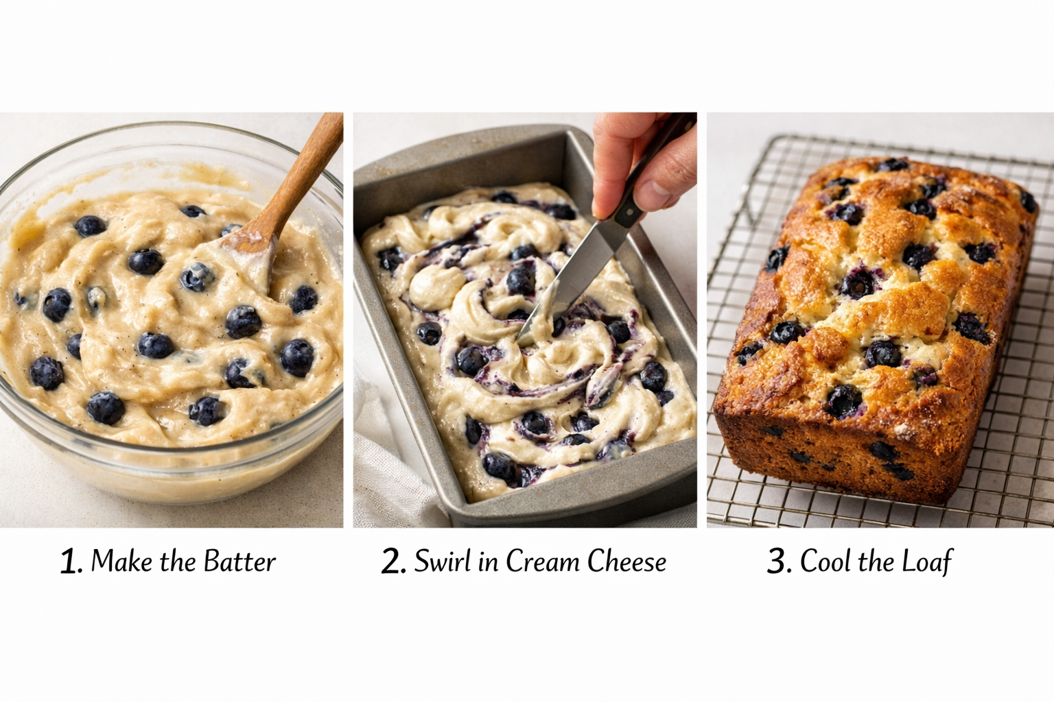 Step-by-step visual guide showing blueberry cream cheese loaf preparation process: mixing bowl with batter, cream cheese being swirled into 