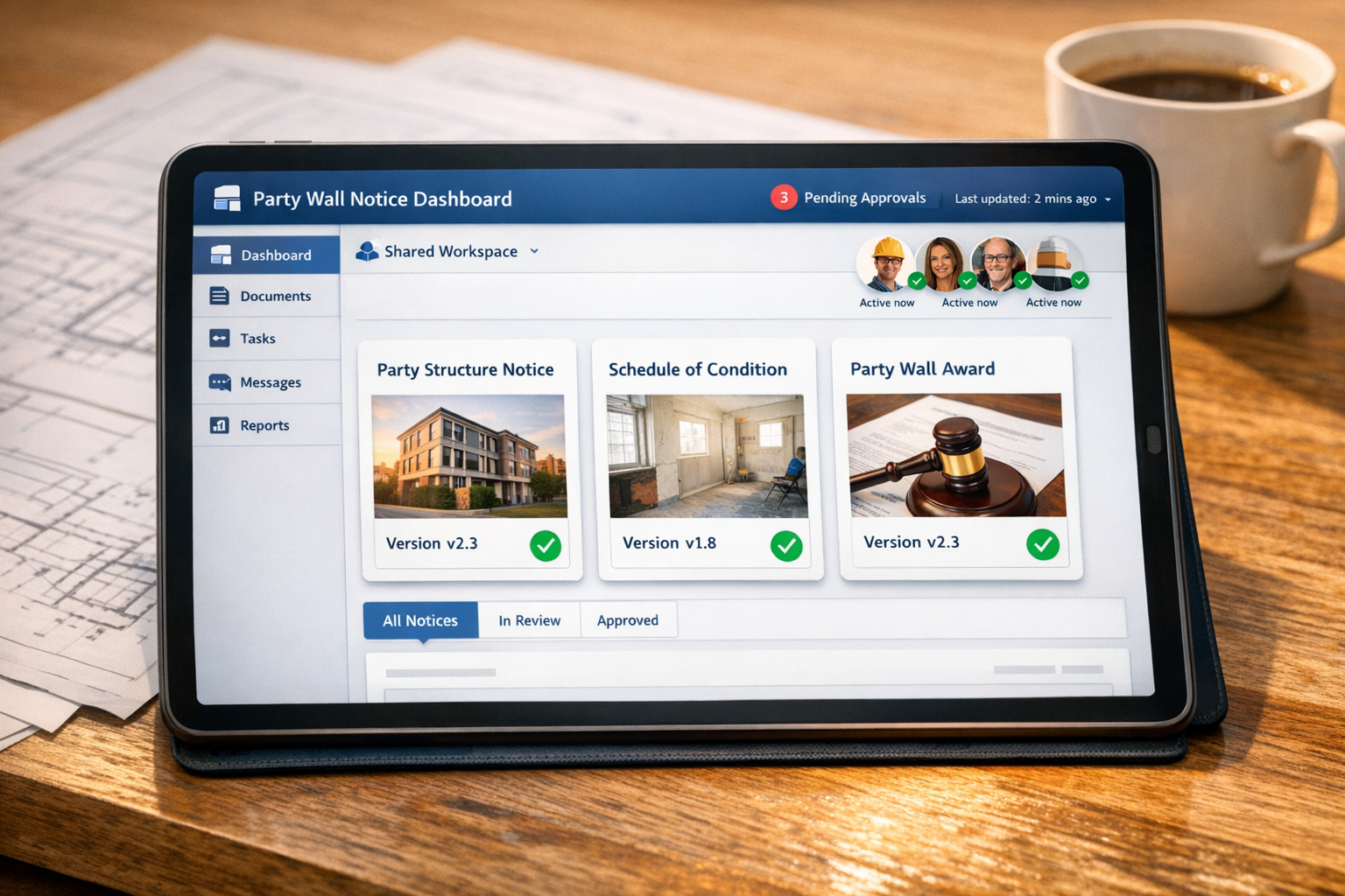 Detailed () image showing close-up view of modern tablet device displaying cloud-based party wall notice management
